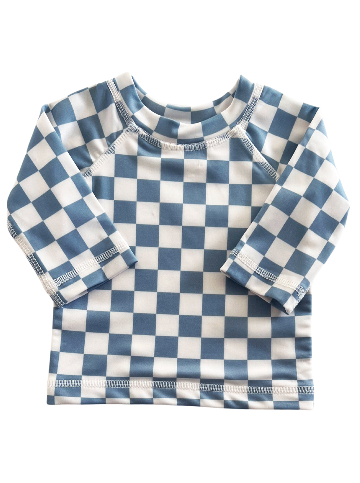 Blue and white checked long-sleeve top for kids, featuring a round neckline and stylish design.