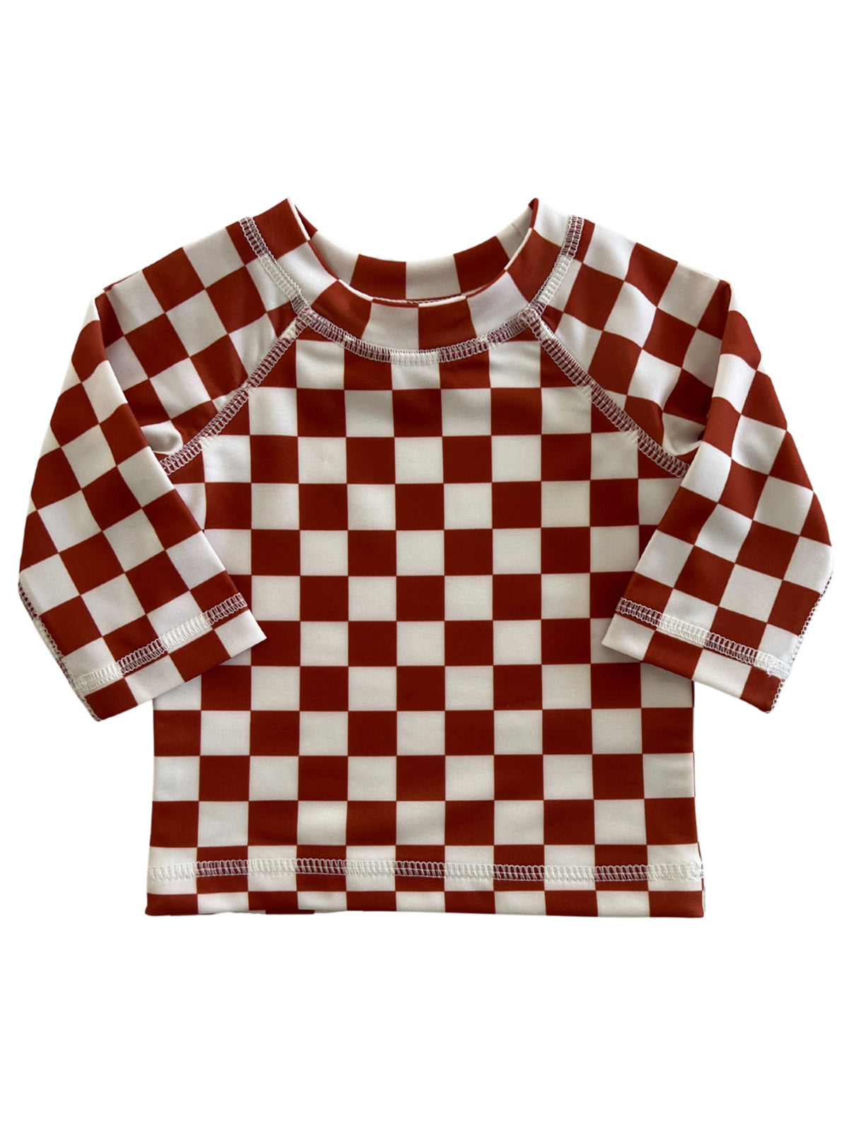 Red and white checkered long-sleeve swim shirt for kids. Features a round neckline and raglan sleeves.