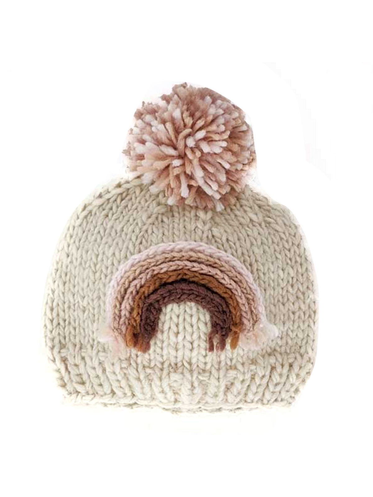 Cream knit beanie with a rainbow design and a fluffy pink pom-pom on top.