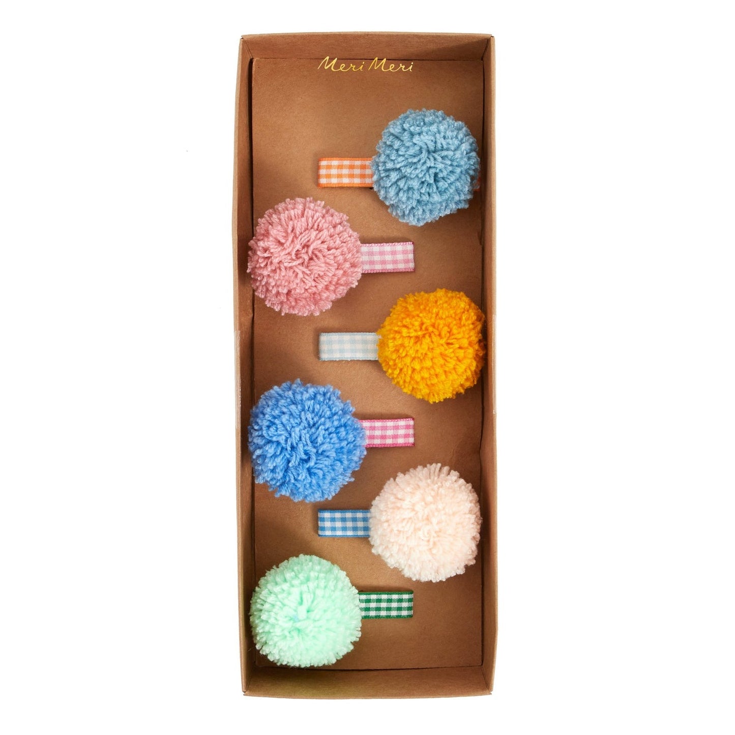Gingham & Big Pom Pom Hair Clips