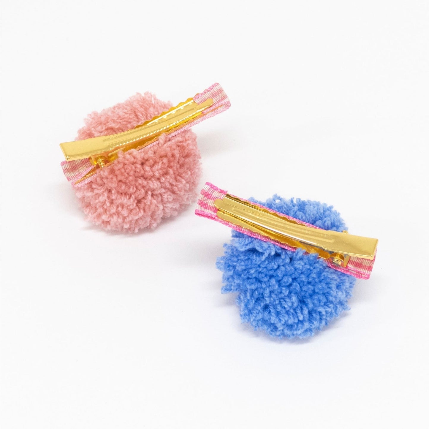 Gingham & Big Pom Pom Hair Clips