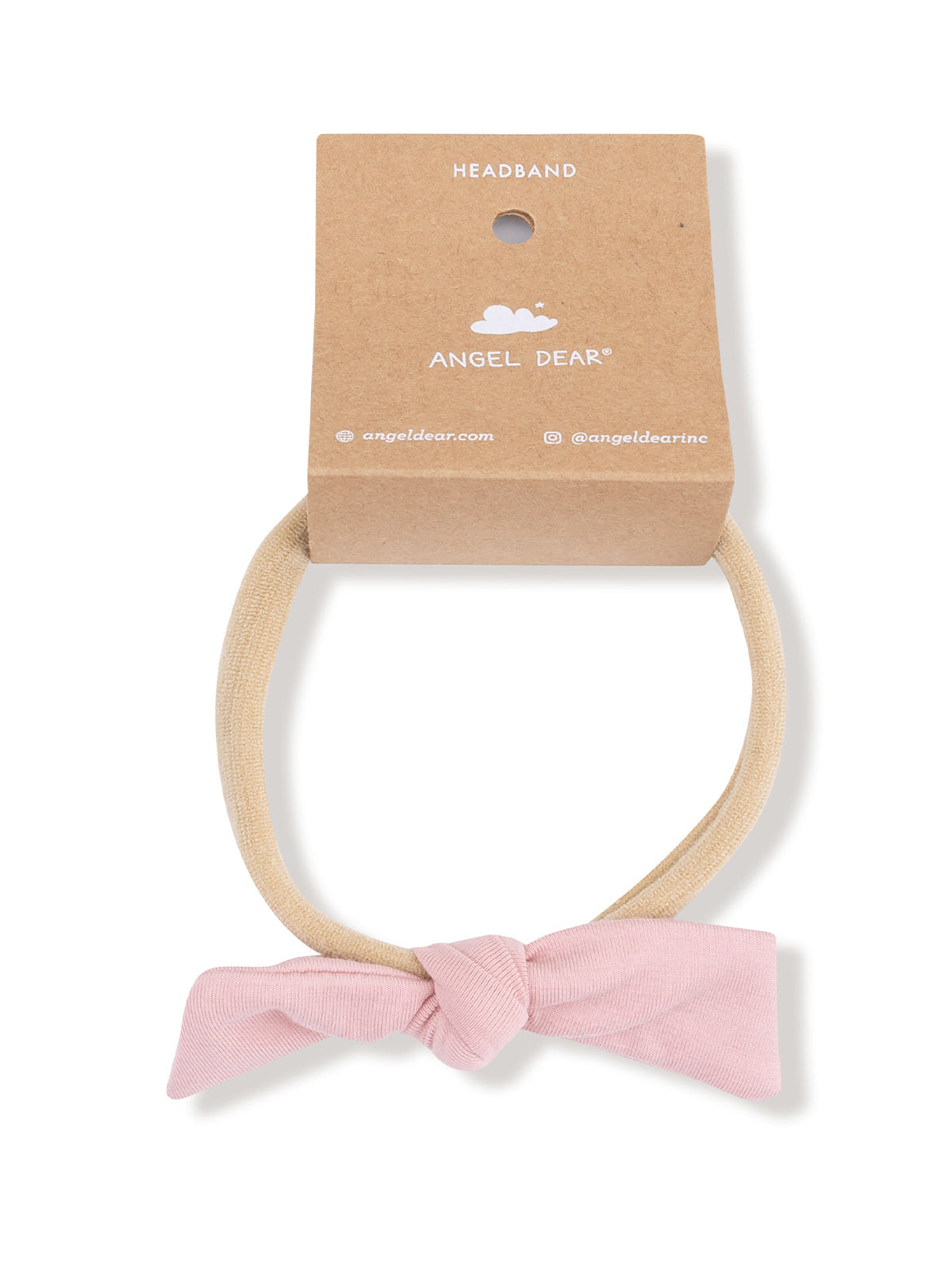 Pink bow headband displayed on a brown cardboard tag labeled "Angel Dear."