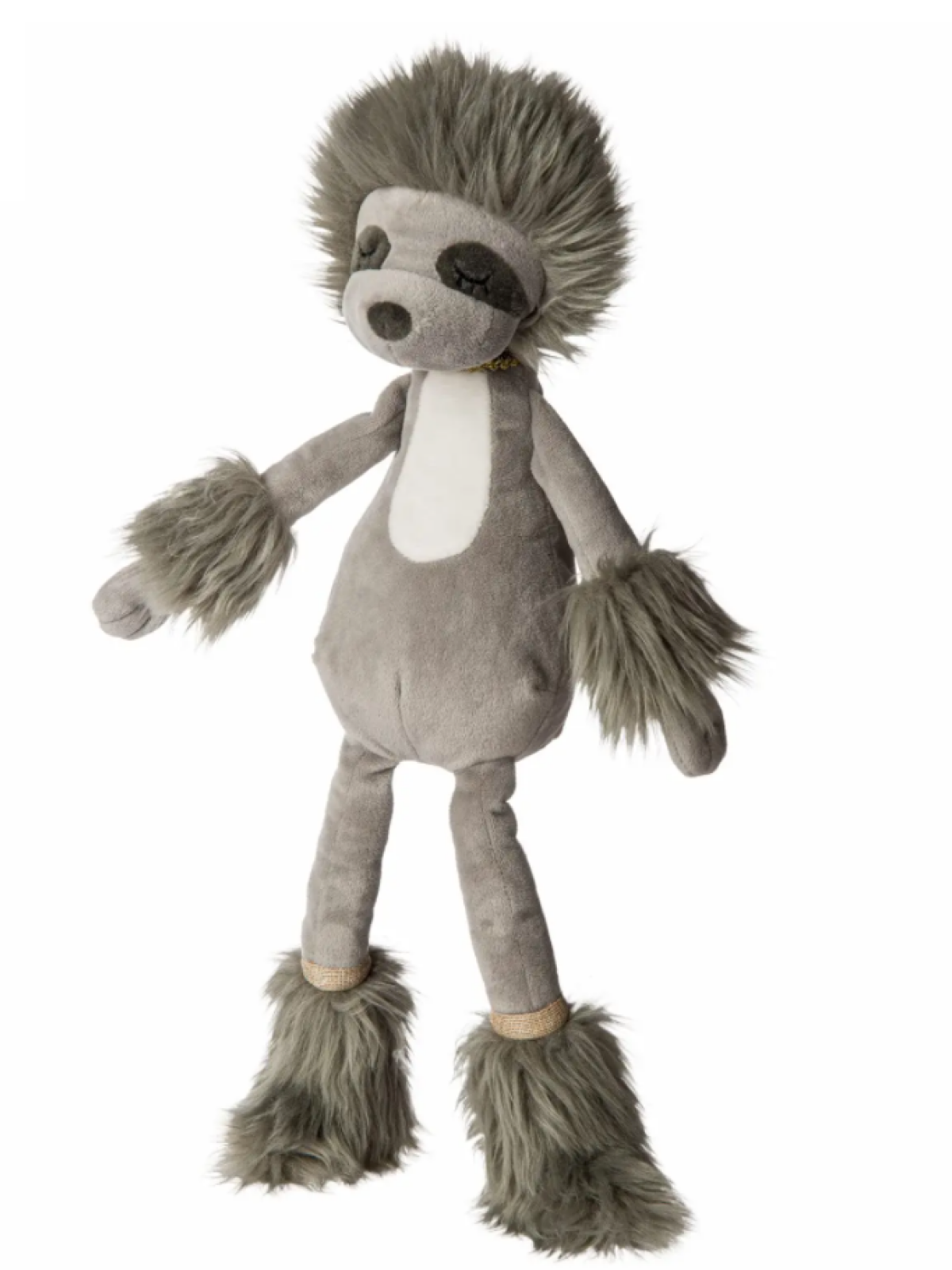 Gray plush sloth toy with faux fur limbs and a playful design, standing upright against a white background.