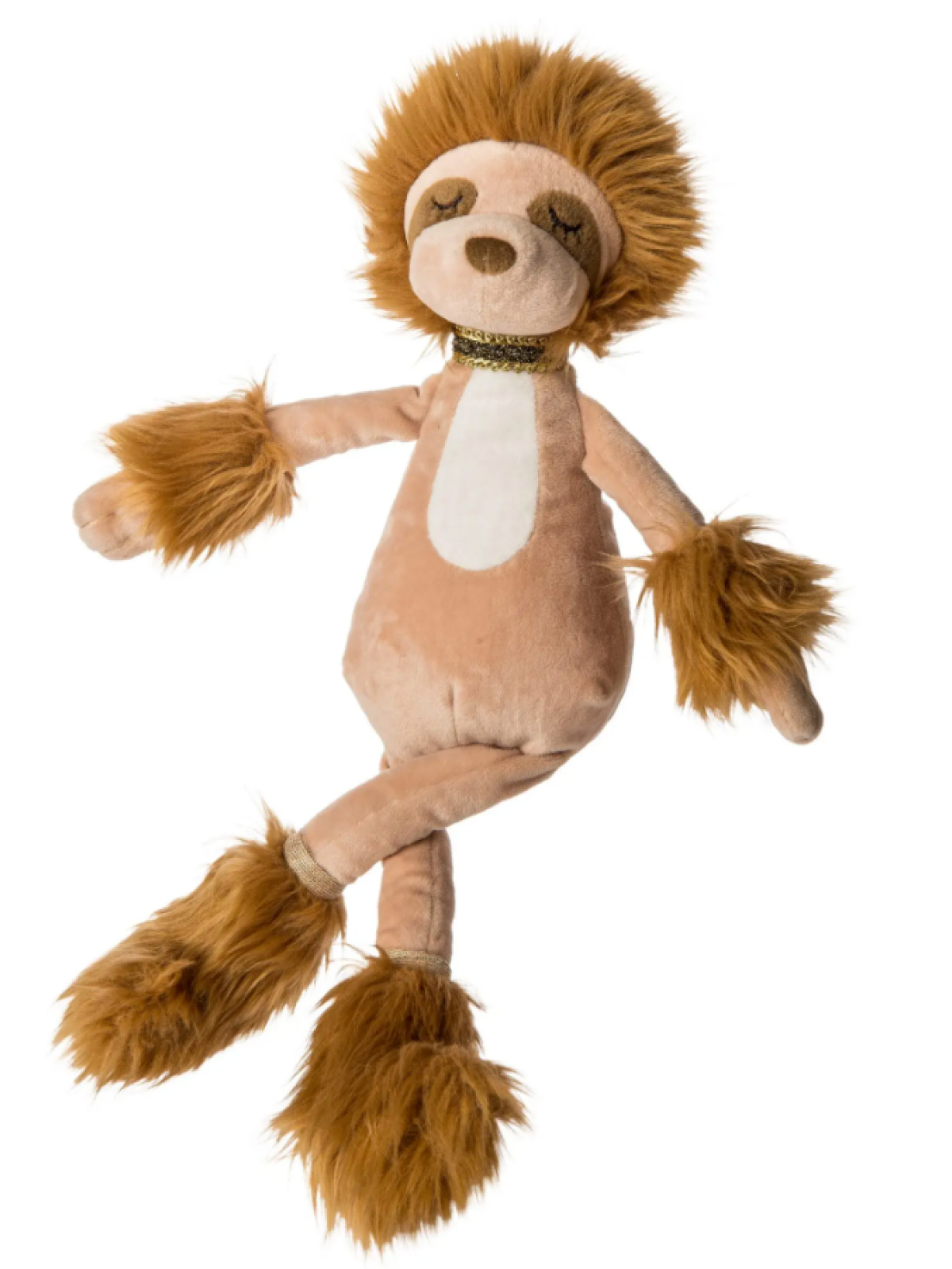 Soft plush sloth toy with a tan body and fluffy brown limbs, posed in a relaxed position.
