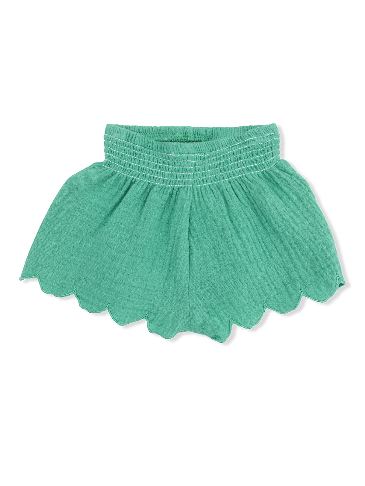 Green scalloped hem skirt with elastic waistband, made from lightweight fabric. Perfect for casual wear.