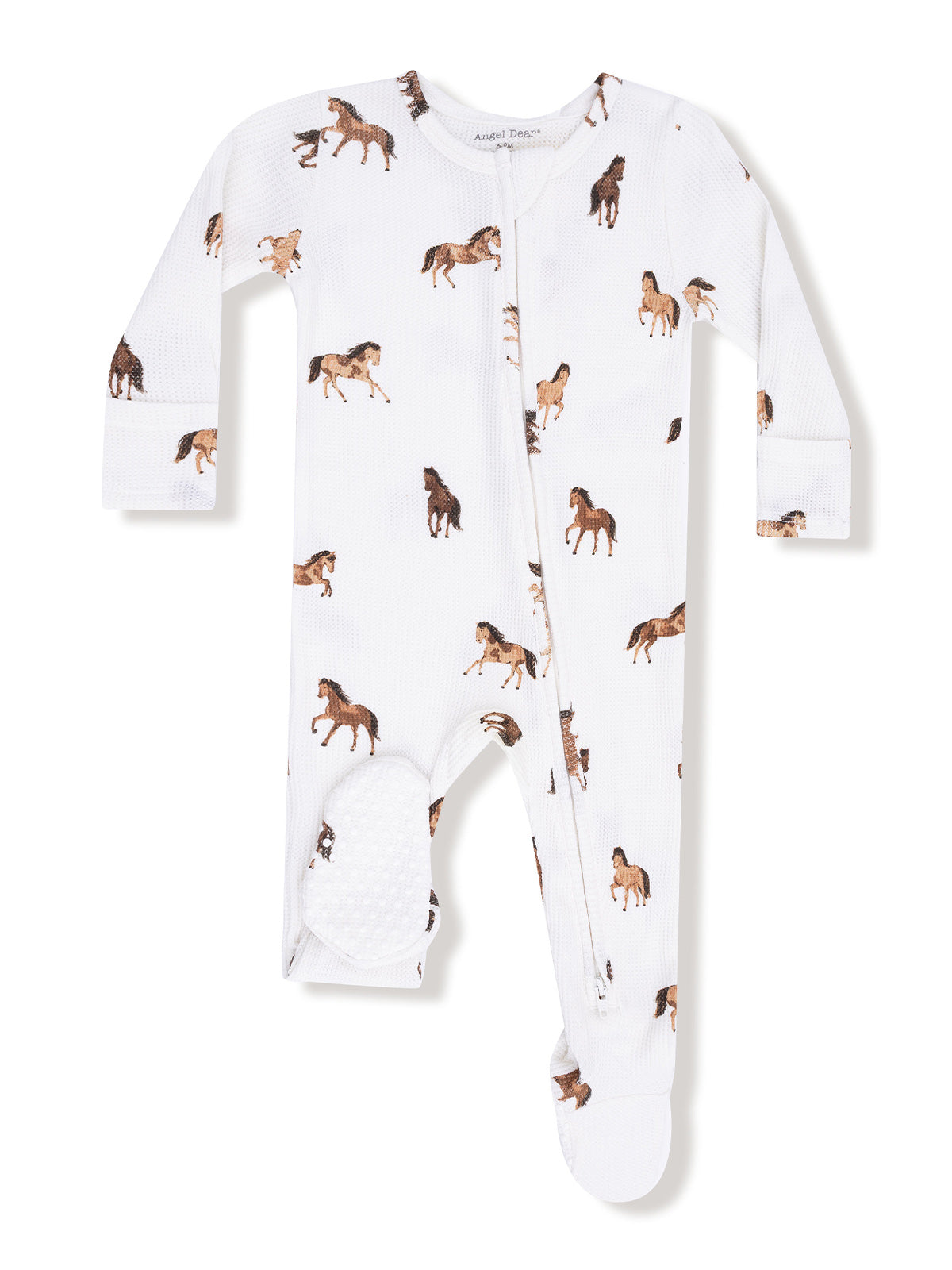 White baby romper covered in little horse prints, featuring a zipper and footed design. Ideal for infants.