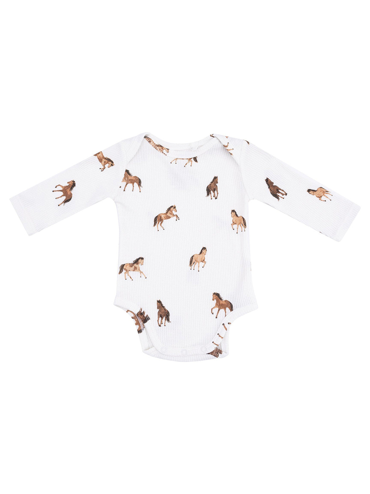 White long-sleeve baby onesie with a horse print design on a textured fabric.