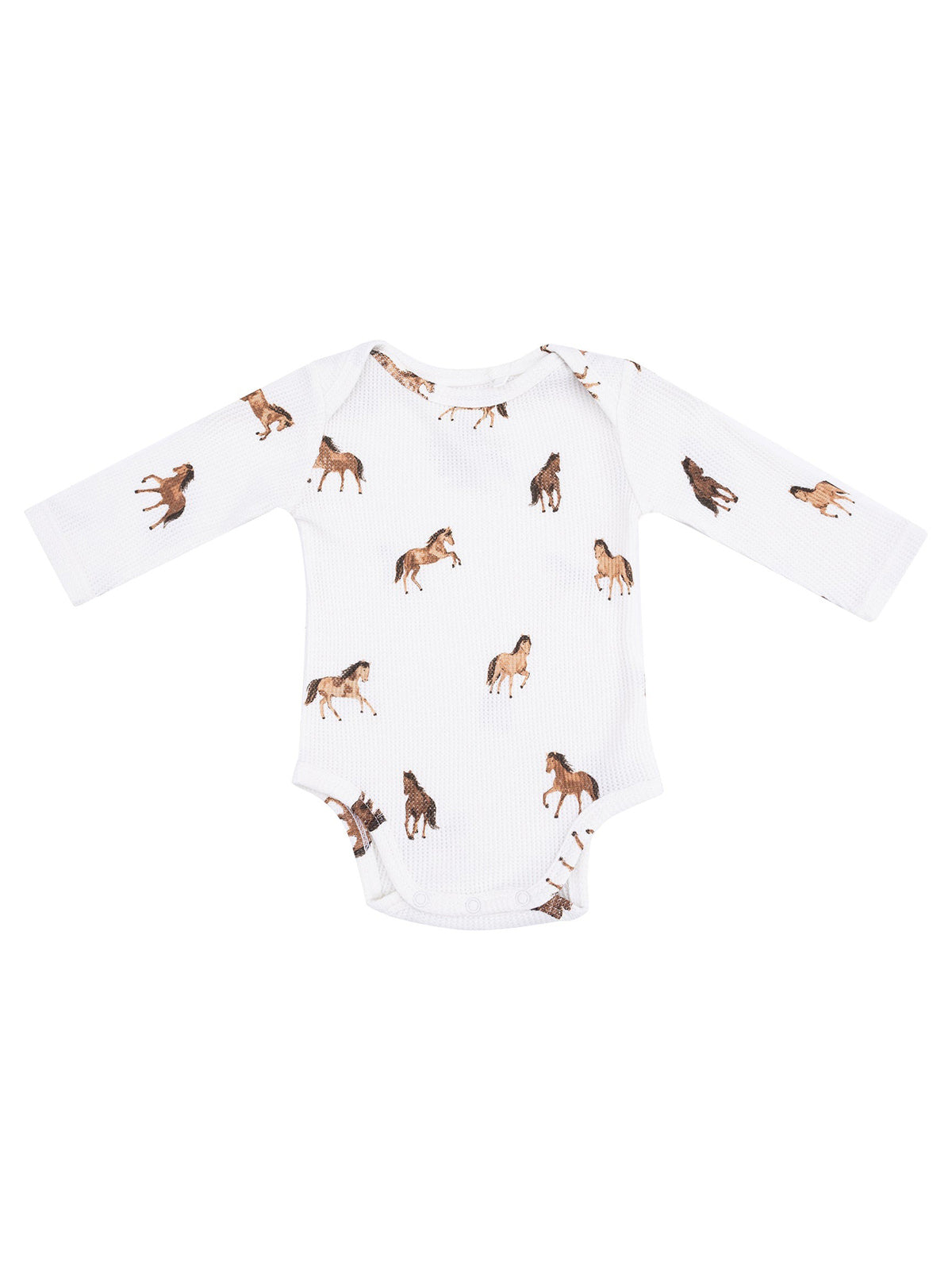 White long-sleeve baby onesie with a horse print design on a textured fabric.