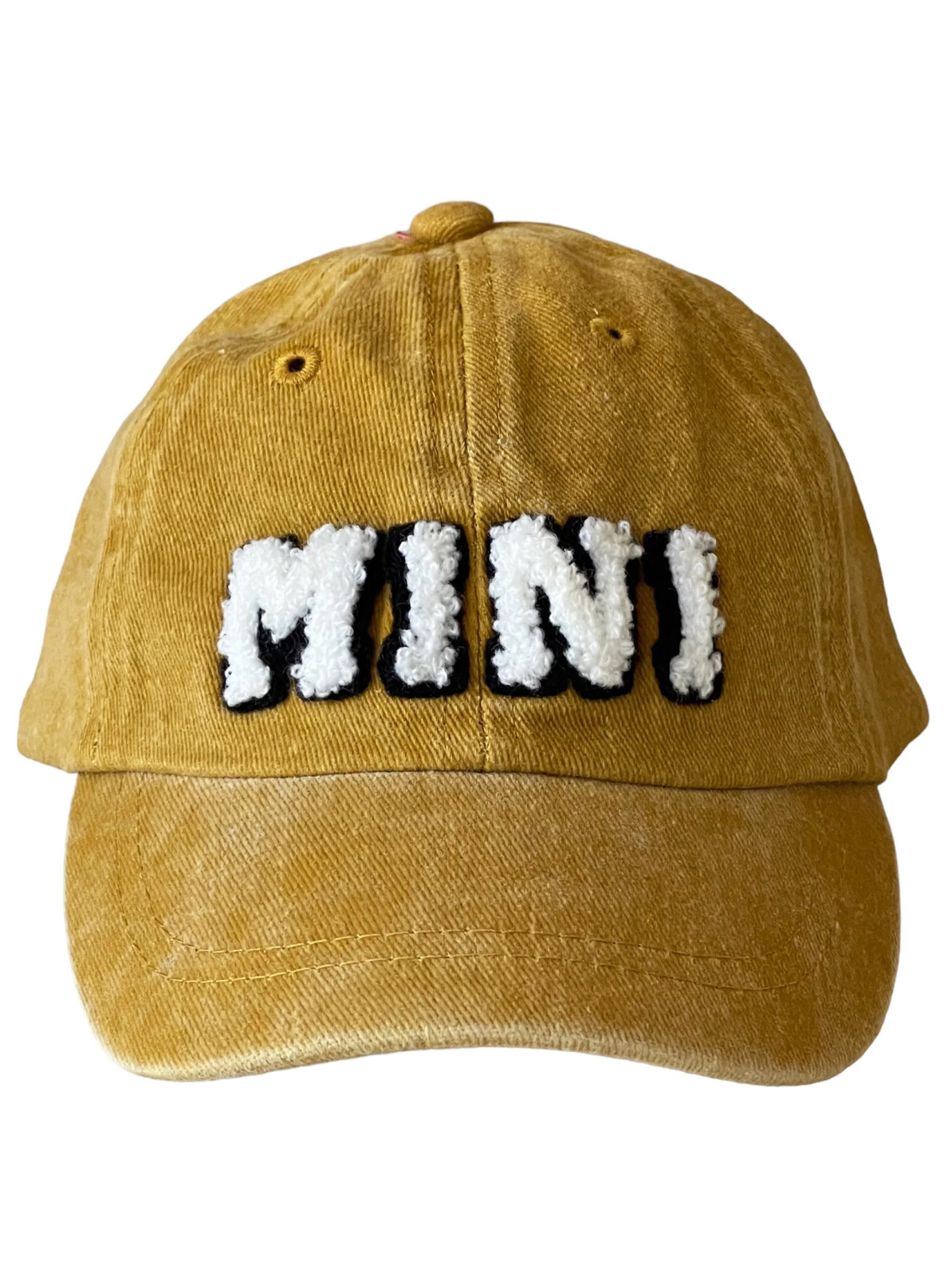 Yellow cap with "MINI" text in fluffy white and black letters on the front.