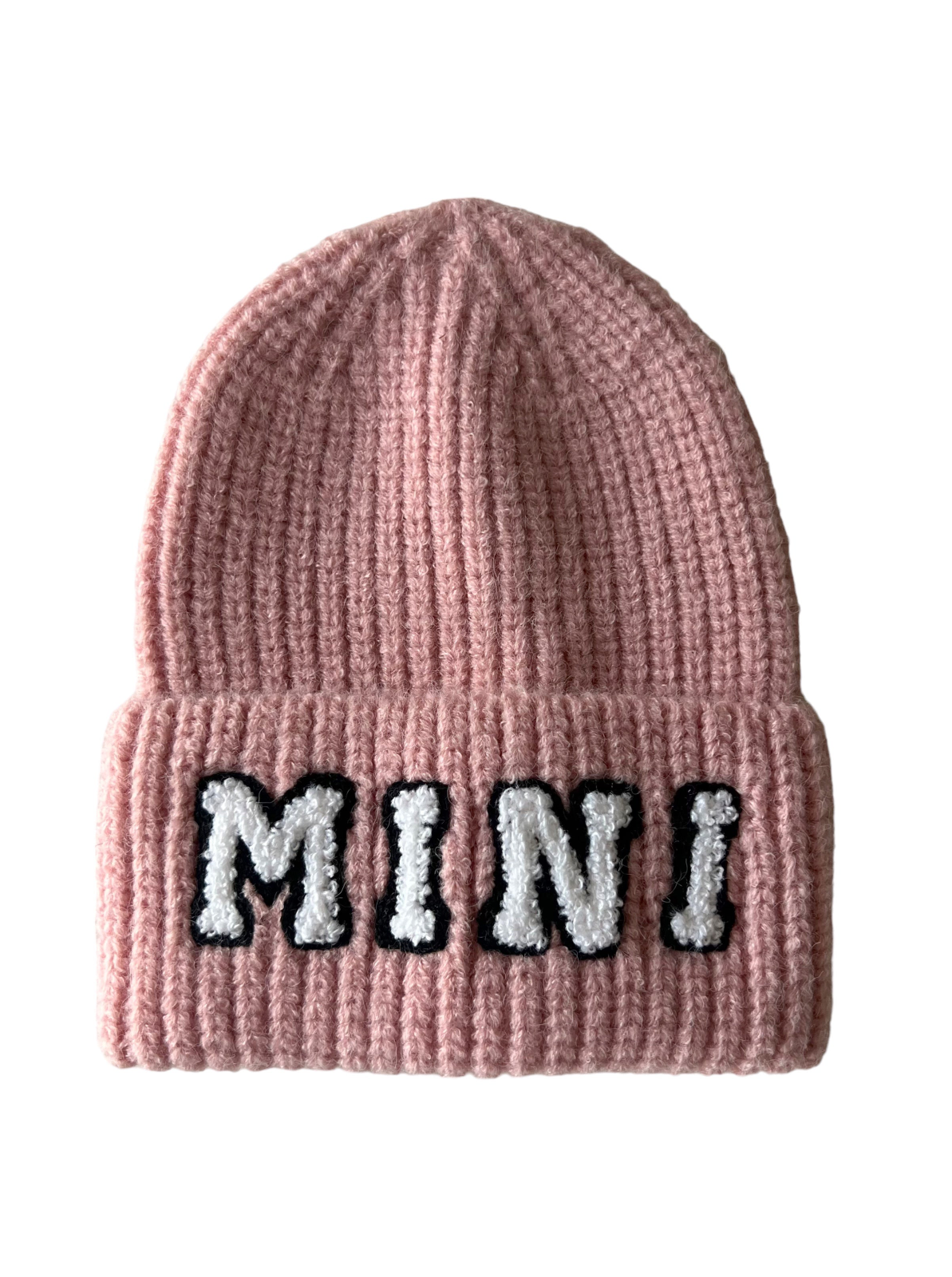 Pink knit beanie with the word "MINI" in white and black, featuring a ribbed texture.