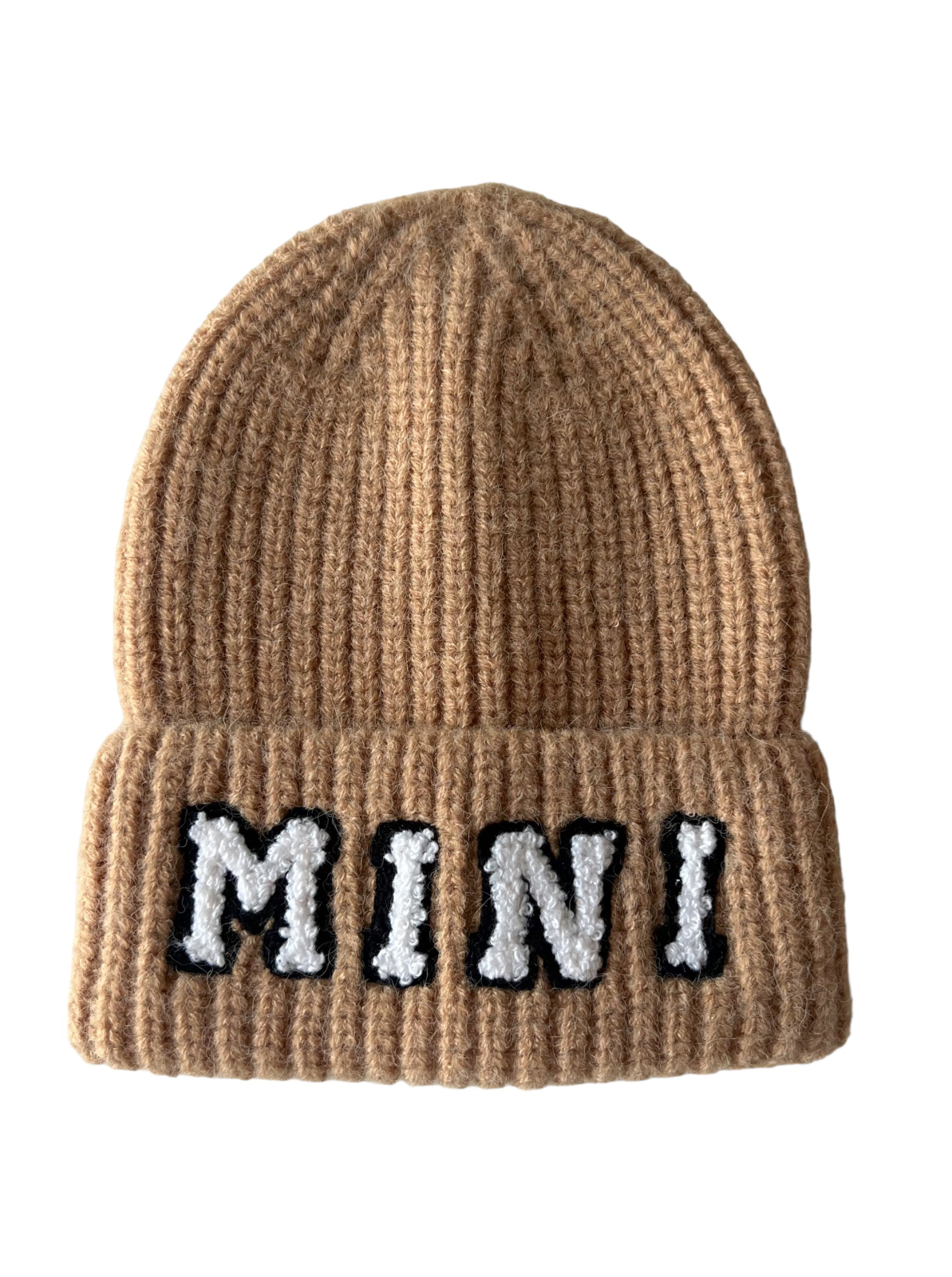 Brown knit beanie with a turned-up cuff featuring the word "MINI" in black and white lettering.