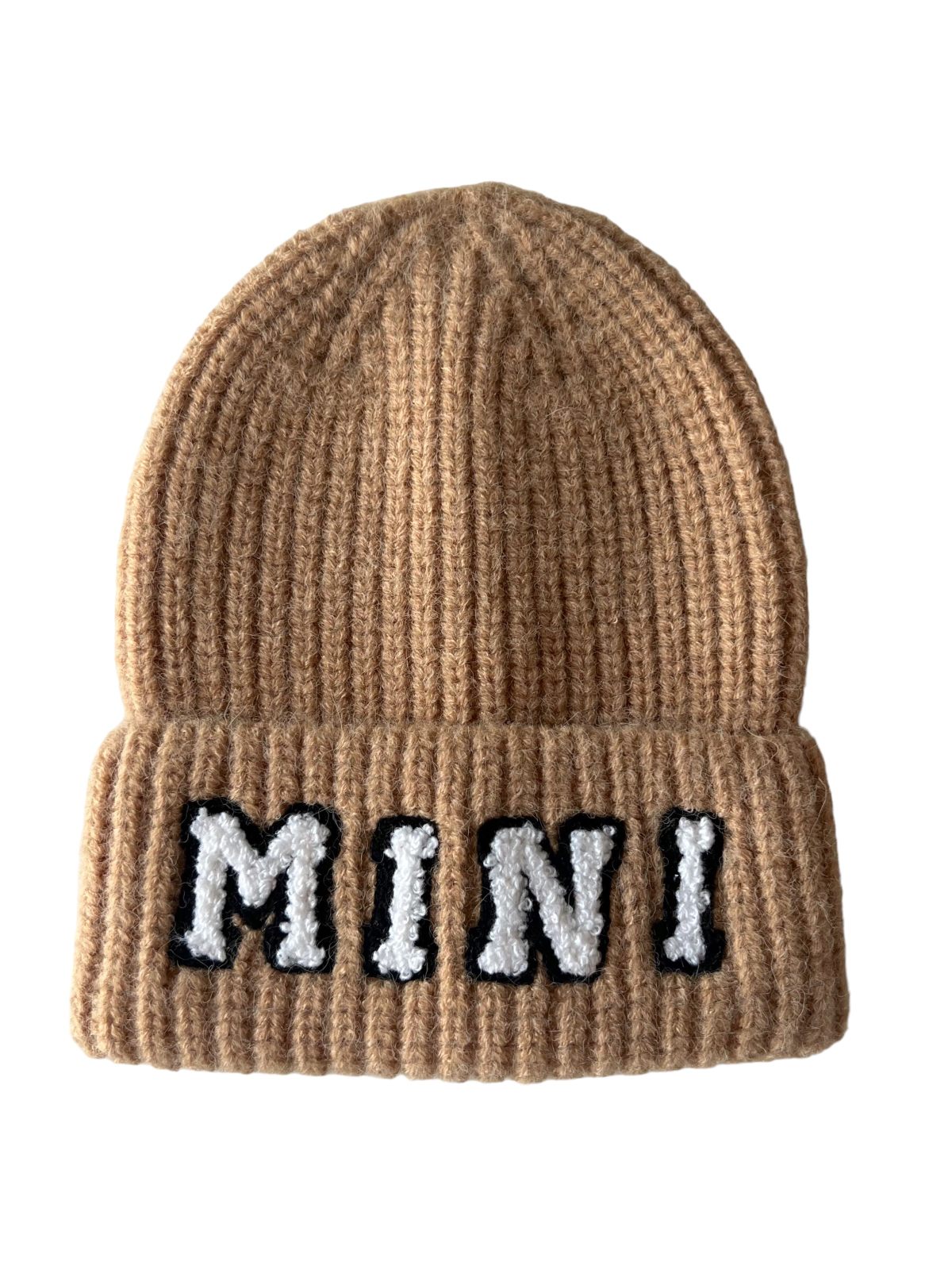 Brown knit beanie with a turned-up cuff featuring the word "MINI" in black and white lettering.
