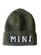 Green knit beanie with the word "MINI" in white lettering on the front.