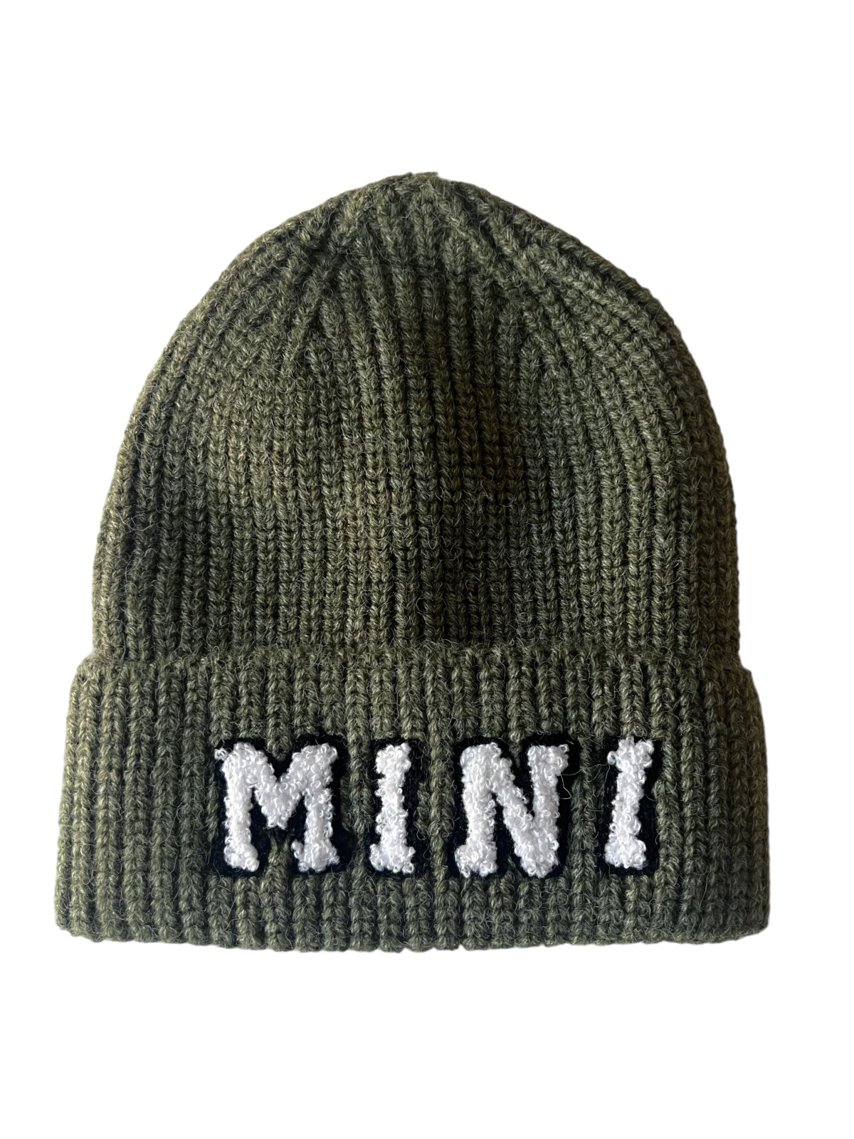 Green knit beanie with the word "MINI" in white lettering on the front.