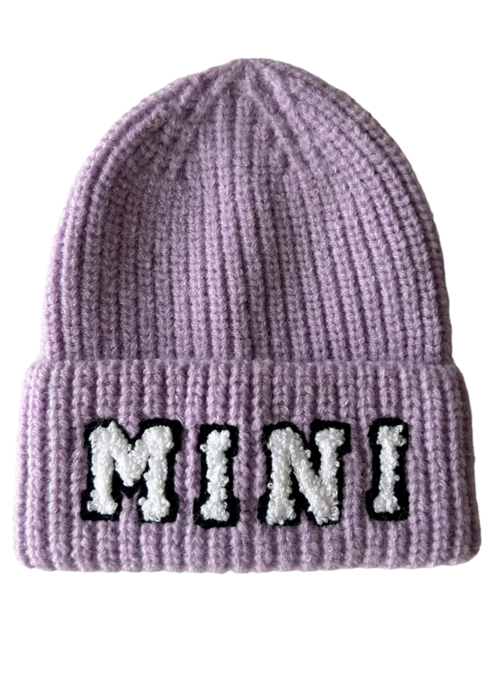 Purple knitted beanie featuring the word "MINI" in textured white letters.