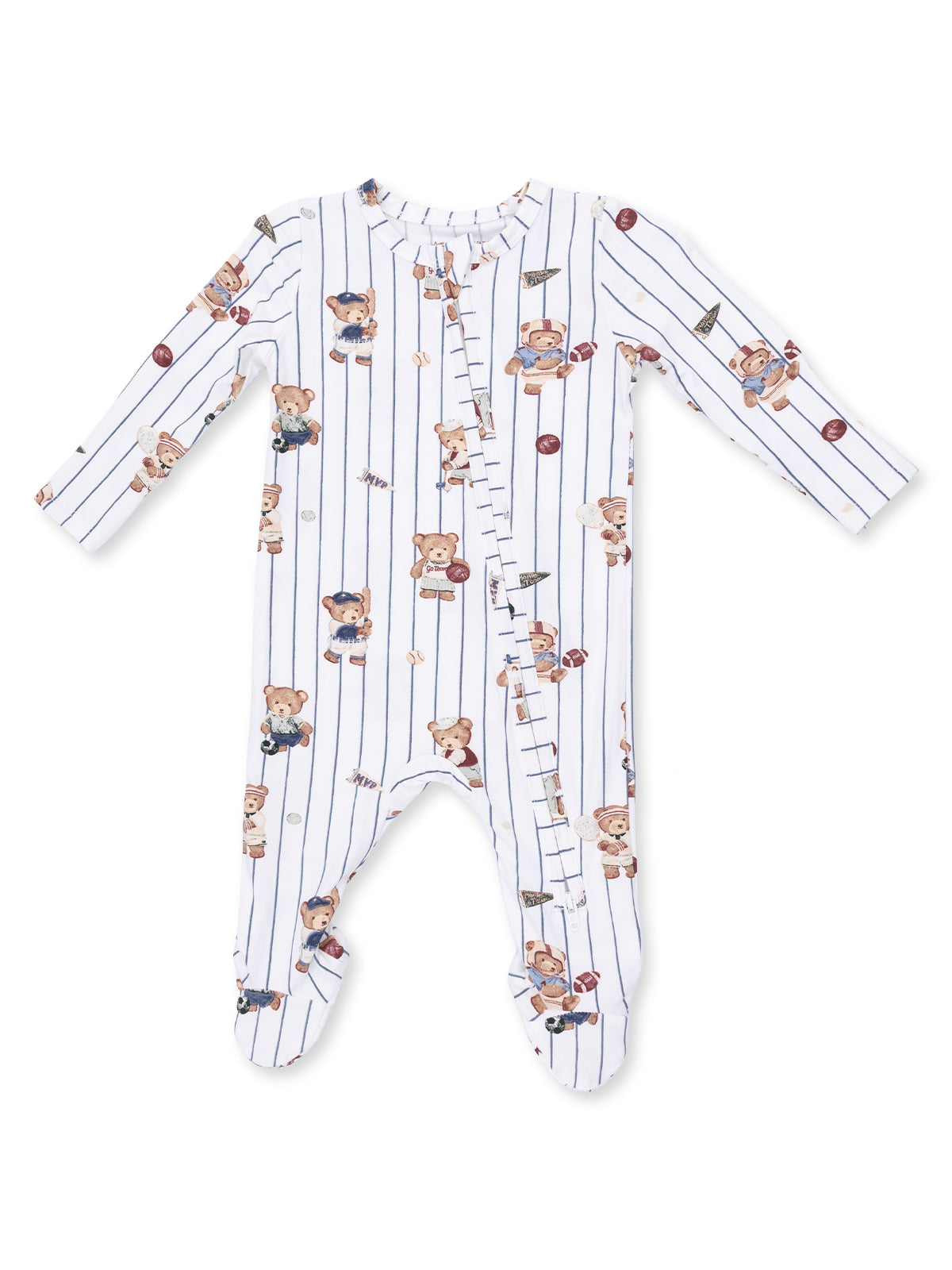 White baby onesie with blue stripes and teddy bear prints, featuring footed design and front snap closure.