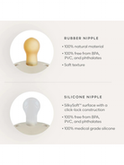 Rubber and silicone baby nipples with safety features and soft textures, ideal for infants.