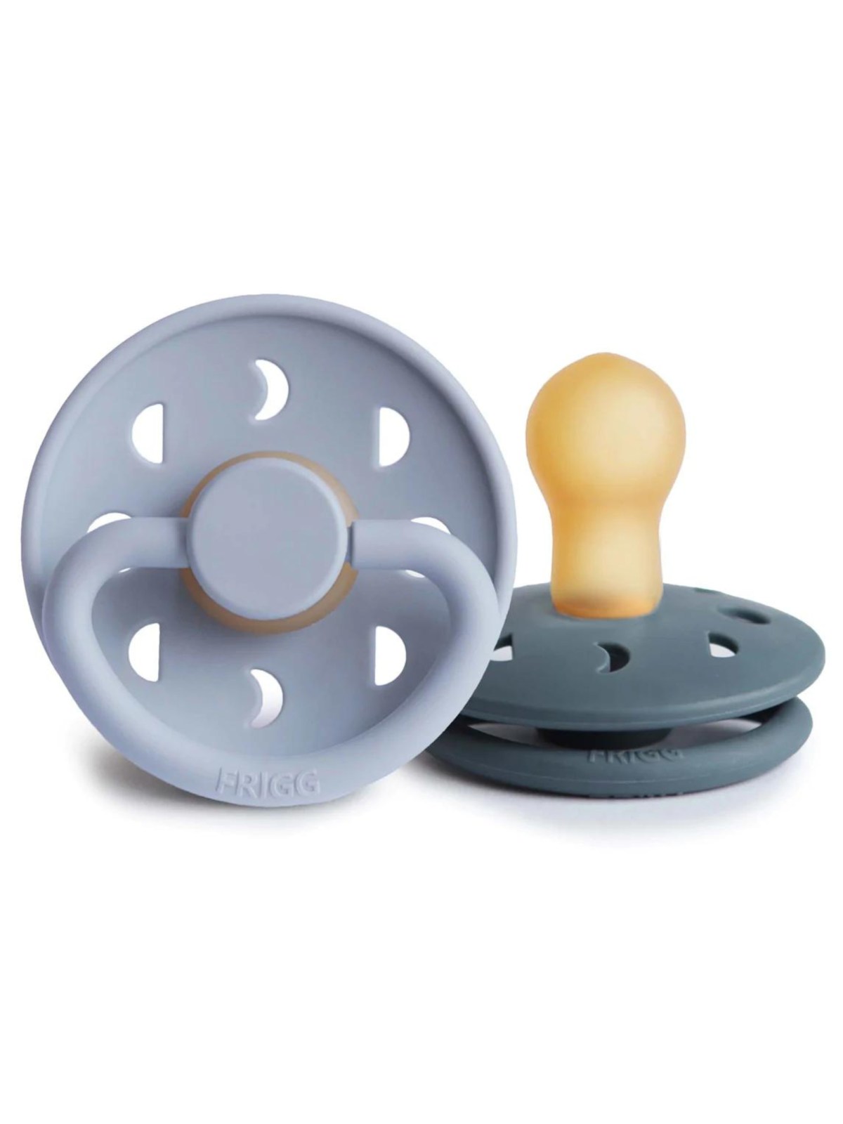 Gray silicone pacifier and holder with holes for ventilation, designed for infants’ comfort and safety.