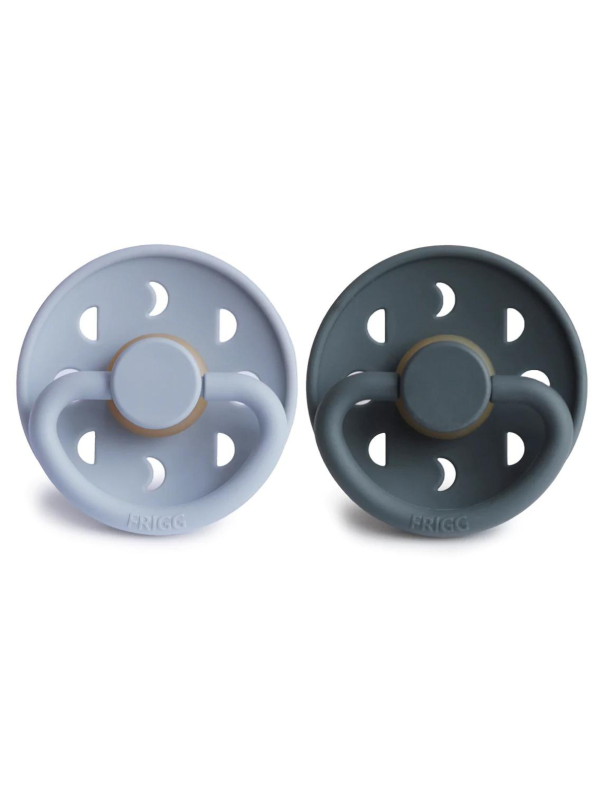 Two silicone pacifiers in light blue and dark gray, featuring round designs and ventilation holes.