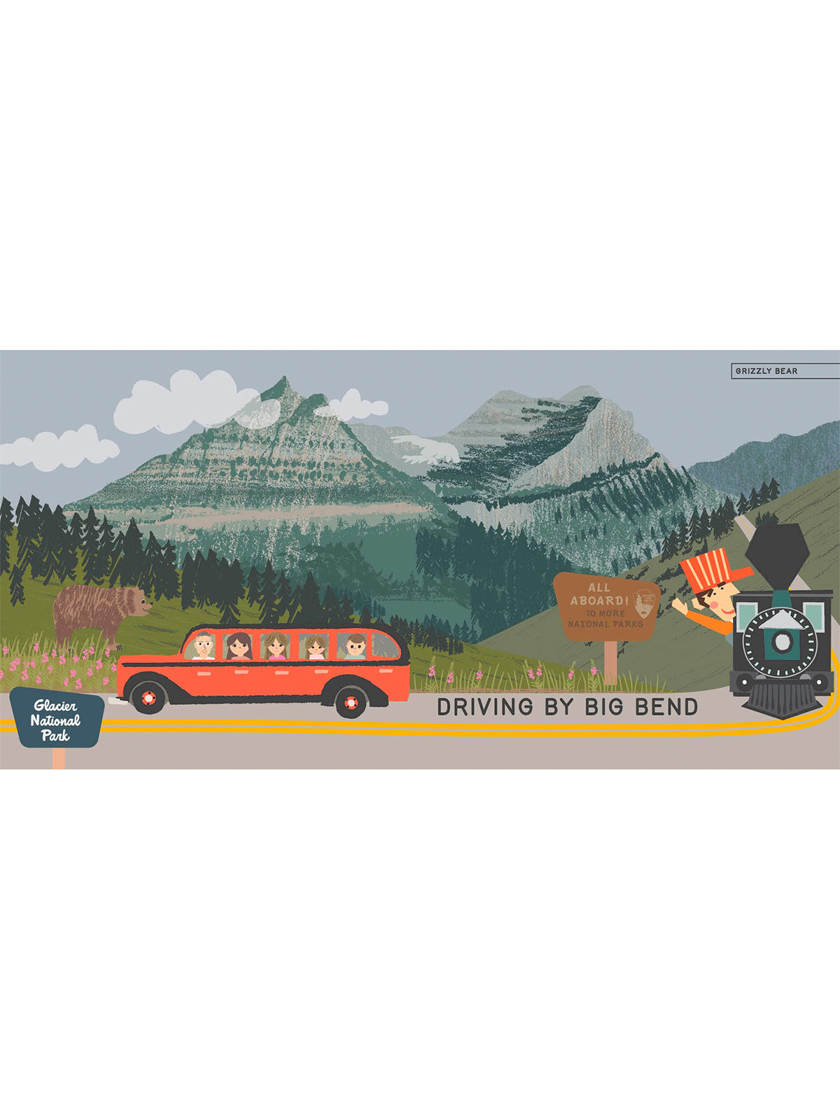 Illustration of a red bus driving through Glacier National Park, with mountains, a bear, and a steam train.