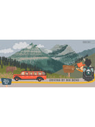 Illustration of a red bus driving through Glacier National Park, with mountains, a bear, and a steam train.