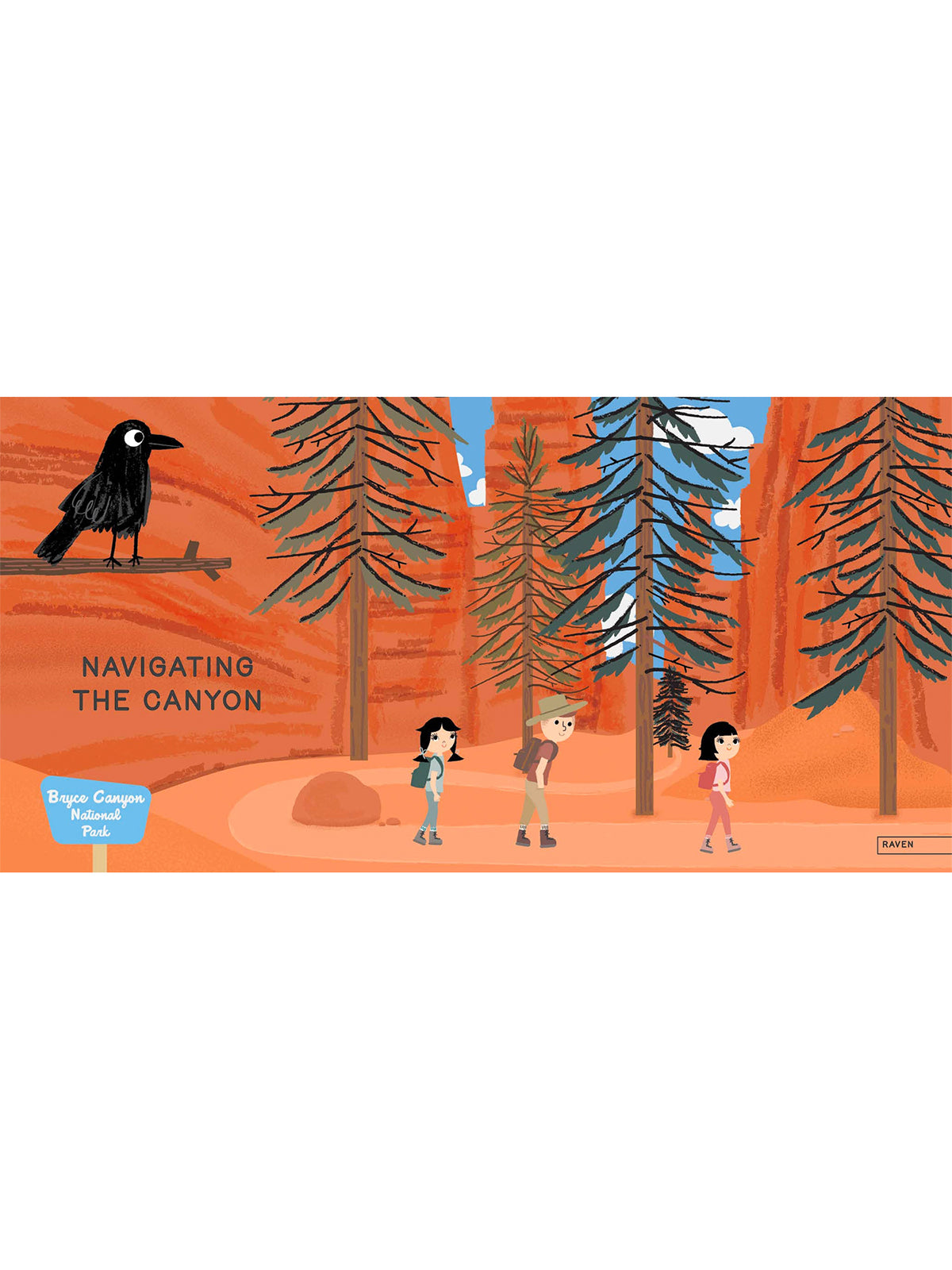 Illustration of three hikers navigating a canyon, surrounded by trees and a black bird perched nearby.
