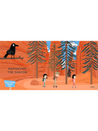 Illustration of three hikers navigating a canyon, surrounded by trees and a black bird perched nearby.