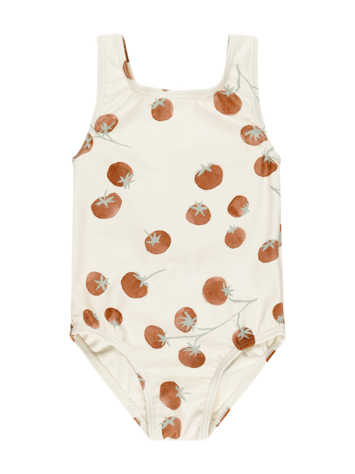 Cream-colored swimsuit adorned with red tomato patterns, featuring a scoop neckline and thin straps.