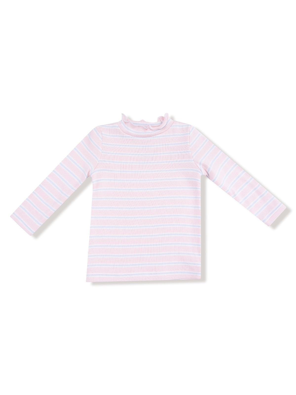 Pink striped long-sleeve t-shirt with a mock neck ruffle. Perfect for casual wear.