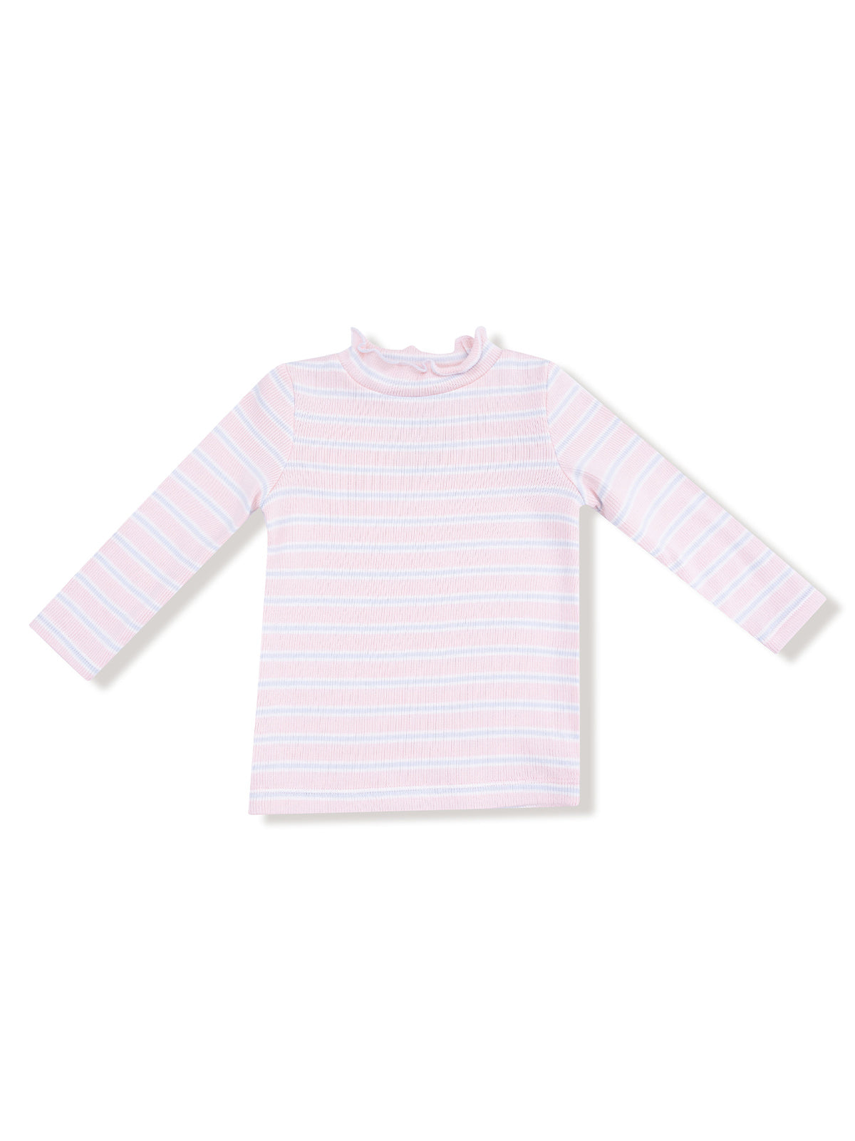 Pink striped long-sleeve t-shirt with a mock neck ruffle. Perfect for casual wear.
