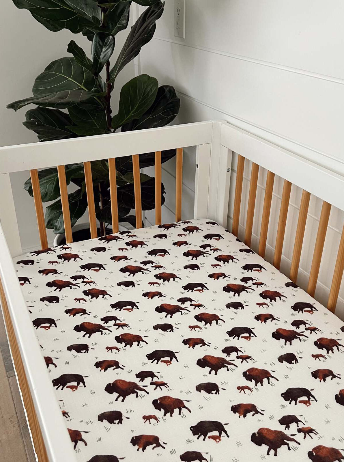 White crib with a buffalo-patterned sheet and a leafy plant in the background.