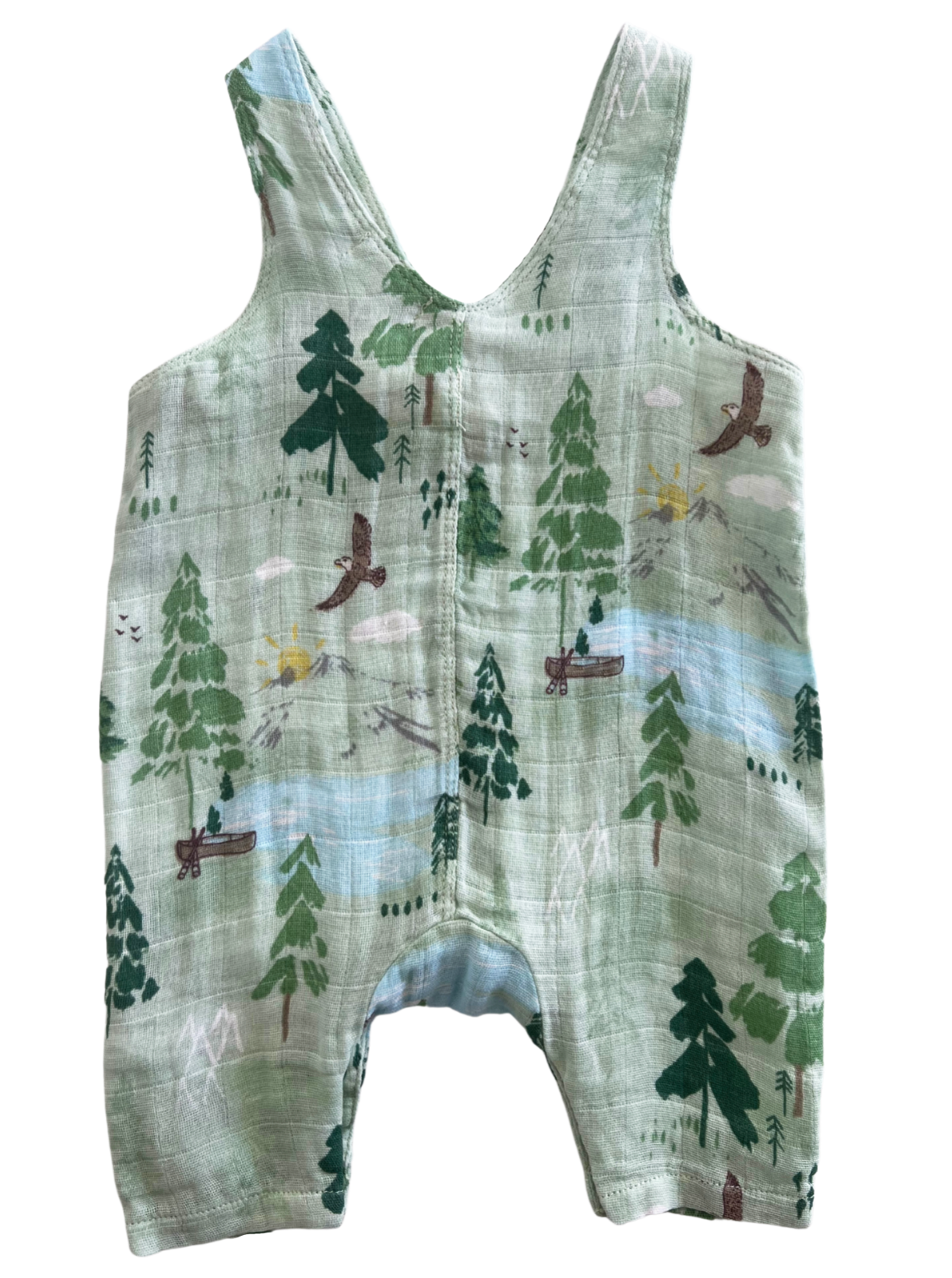 Green overalls with forest print, featuring trees, mountains, and birds, perfect for children's outdoor wear.