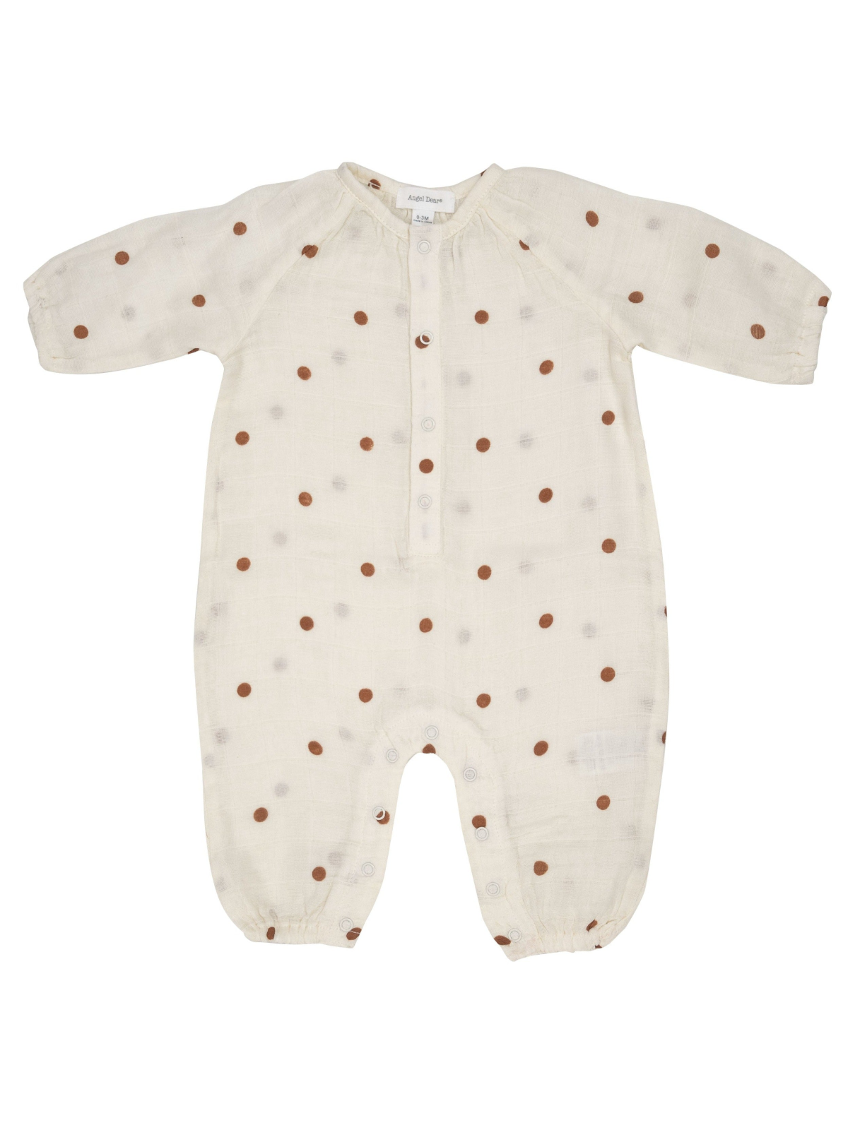Beige baby onesie with brown polka dots and button-up front, featuring long sleeves and elasticized cuffs.
