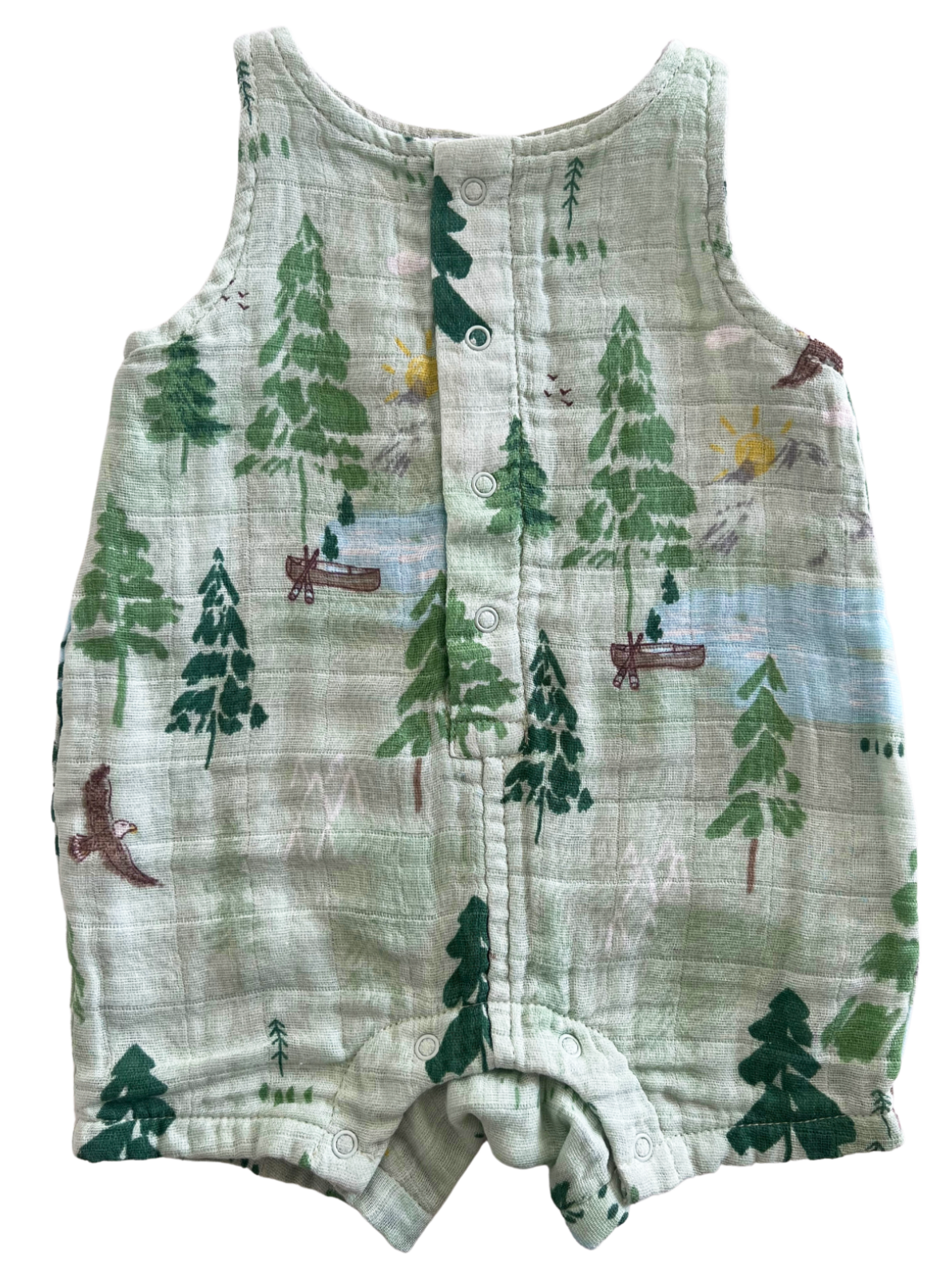 Light green infant romper featuring a forest scene with trees, a river, and wildlife. Ideal for outdoor-themed outfits.