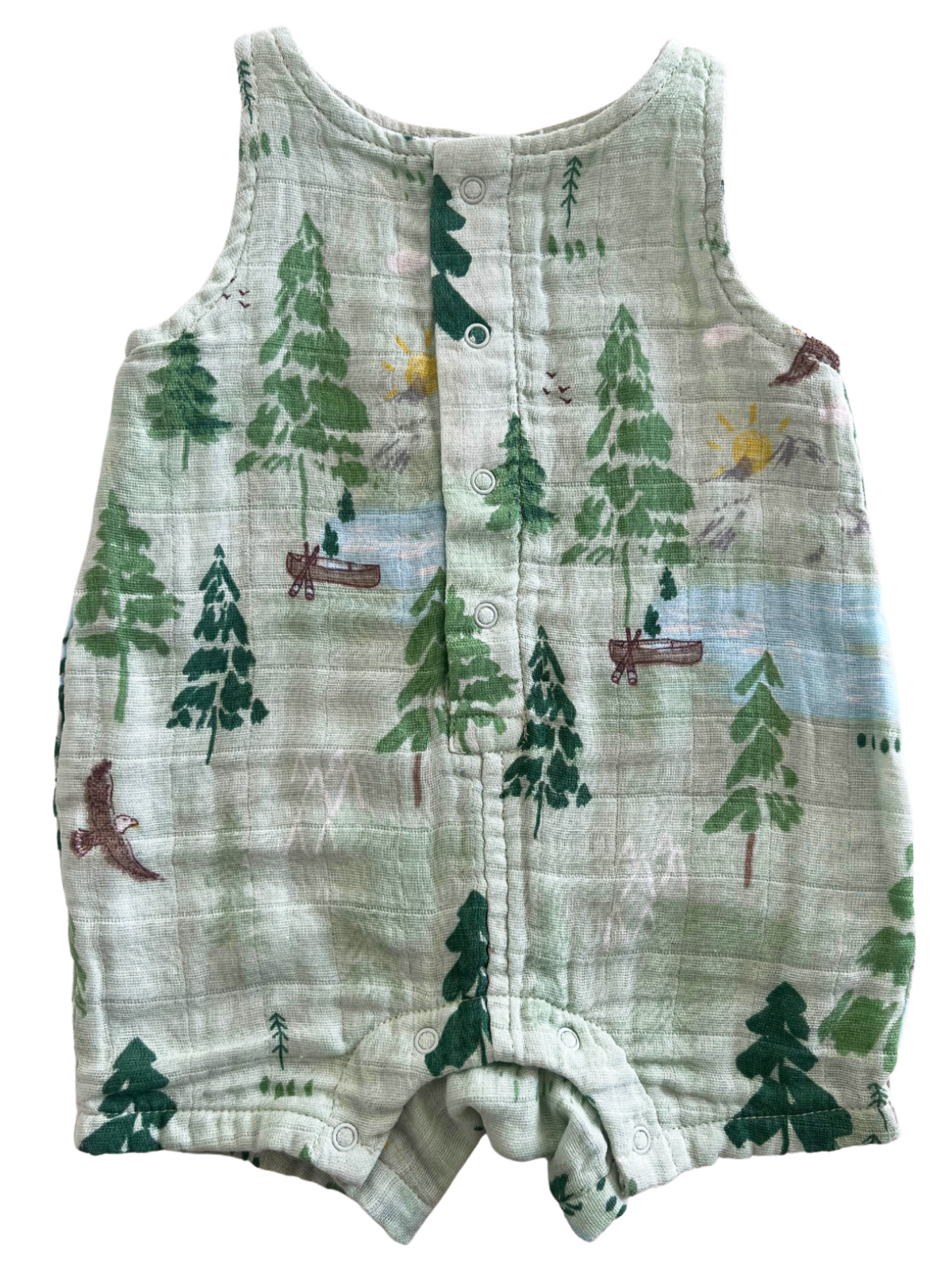 Light green infant romper featuring a forest scene with trees, a river, and wildlife. Ideal for outdoor-themed outfits.