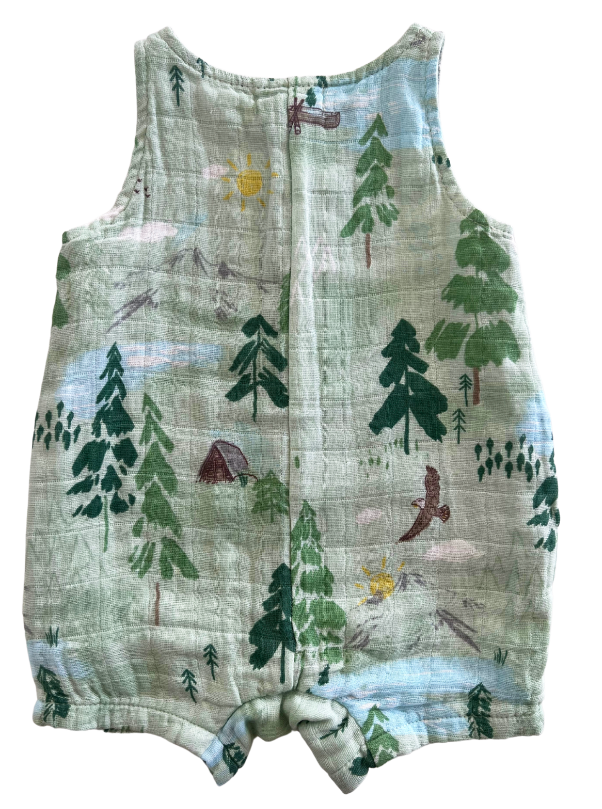 Green romper featuring a forest scene with trees, mountains, a river, sun, and an eagle. Ideal for outdoor adventures.