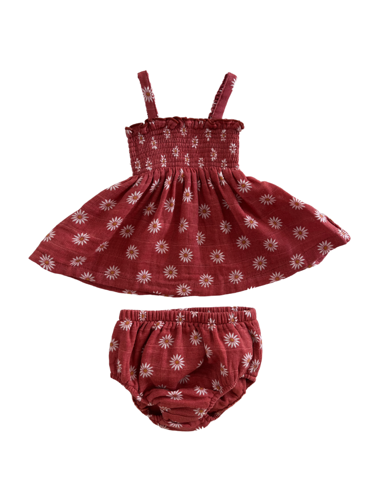 Red floral dress with matching bloomers, featuring daisy patterns and ruffled straps. Perfect for toddler outfits.