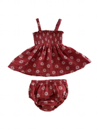 Red floral dress with matching bloomers, featuring daisy patterns and ruffled straps. Perfect for toddler outfits.
