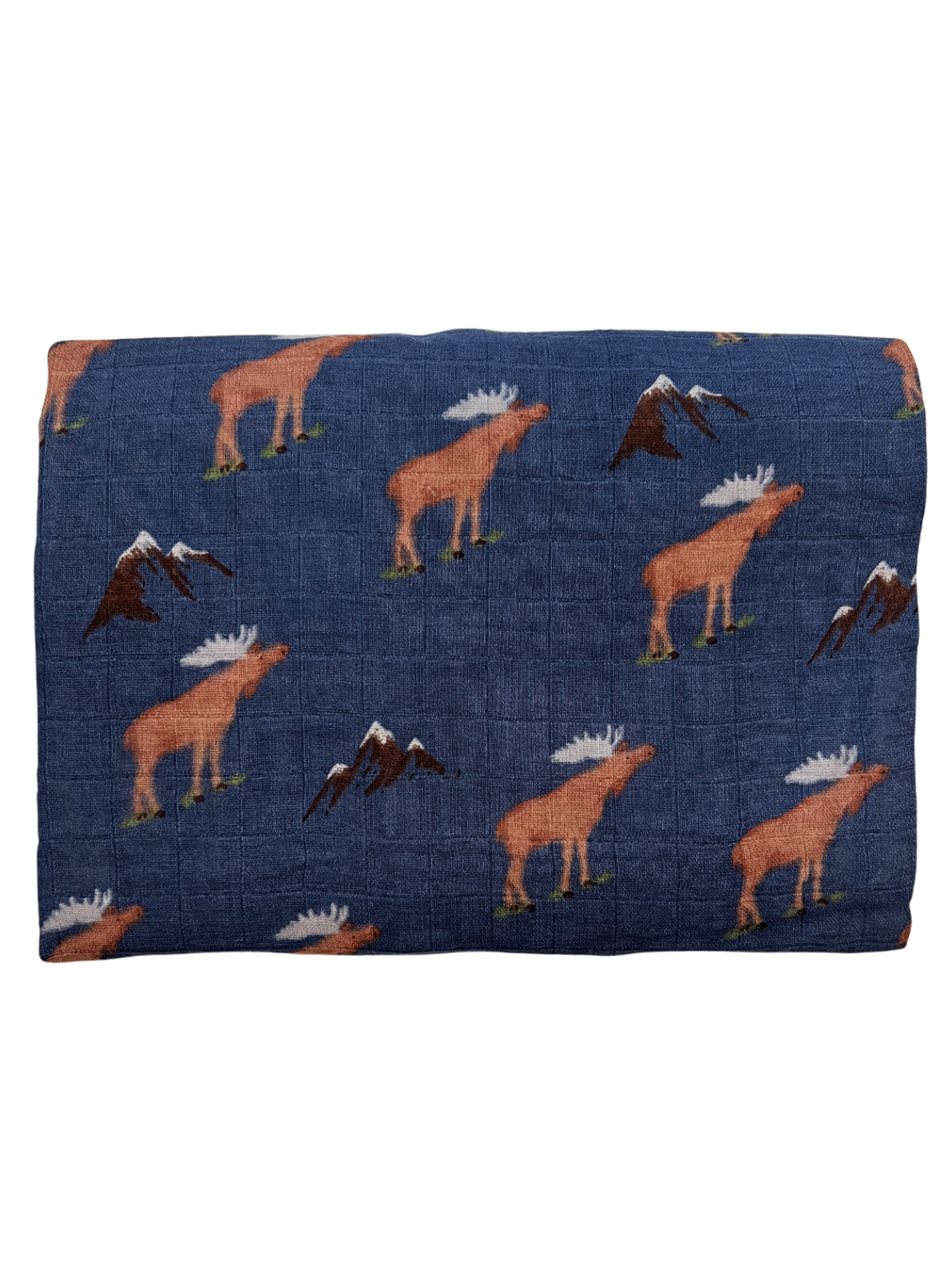 Moose-patterned fabric with mountains on a dark blue background, folded neatly.