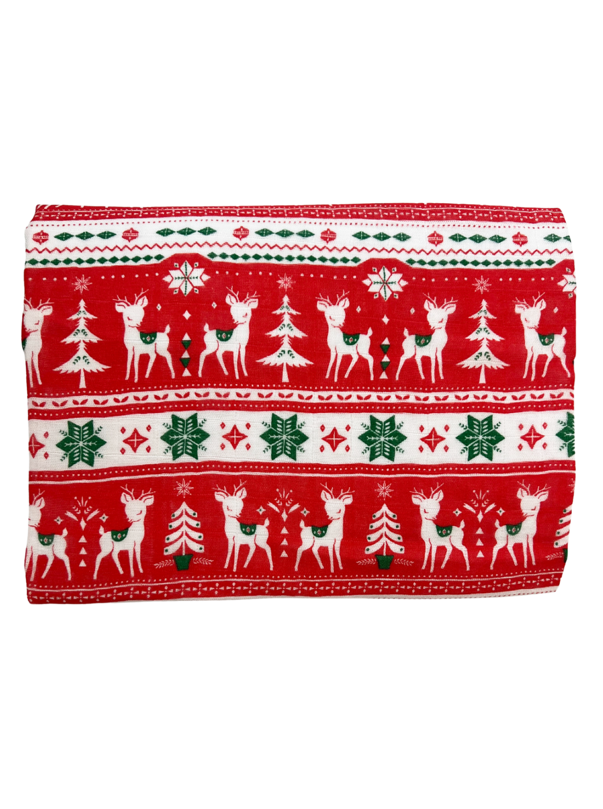 Red holiday fabric with white reindeer, green trees, and snowflakes in a festive pattern.
