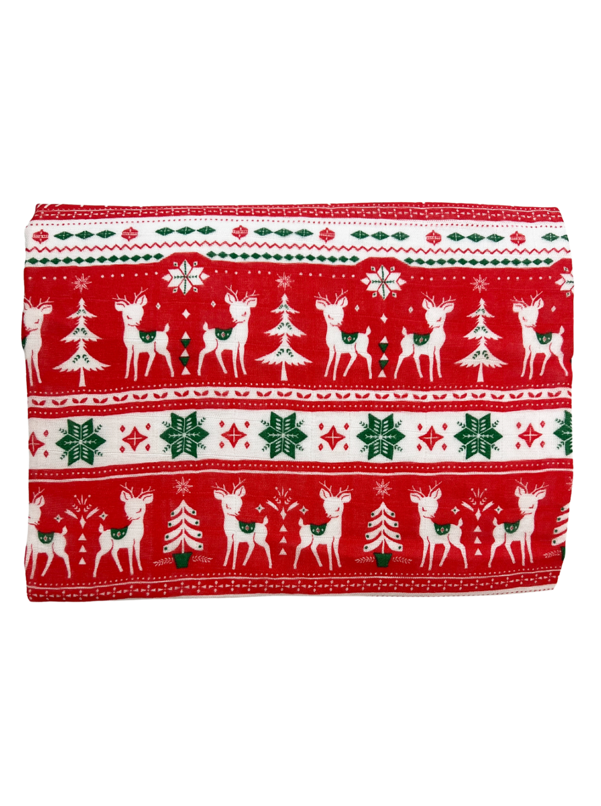 Red holiday fabric with white reindeer, green trees, and snowflakes in a festive pattern.