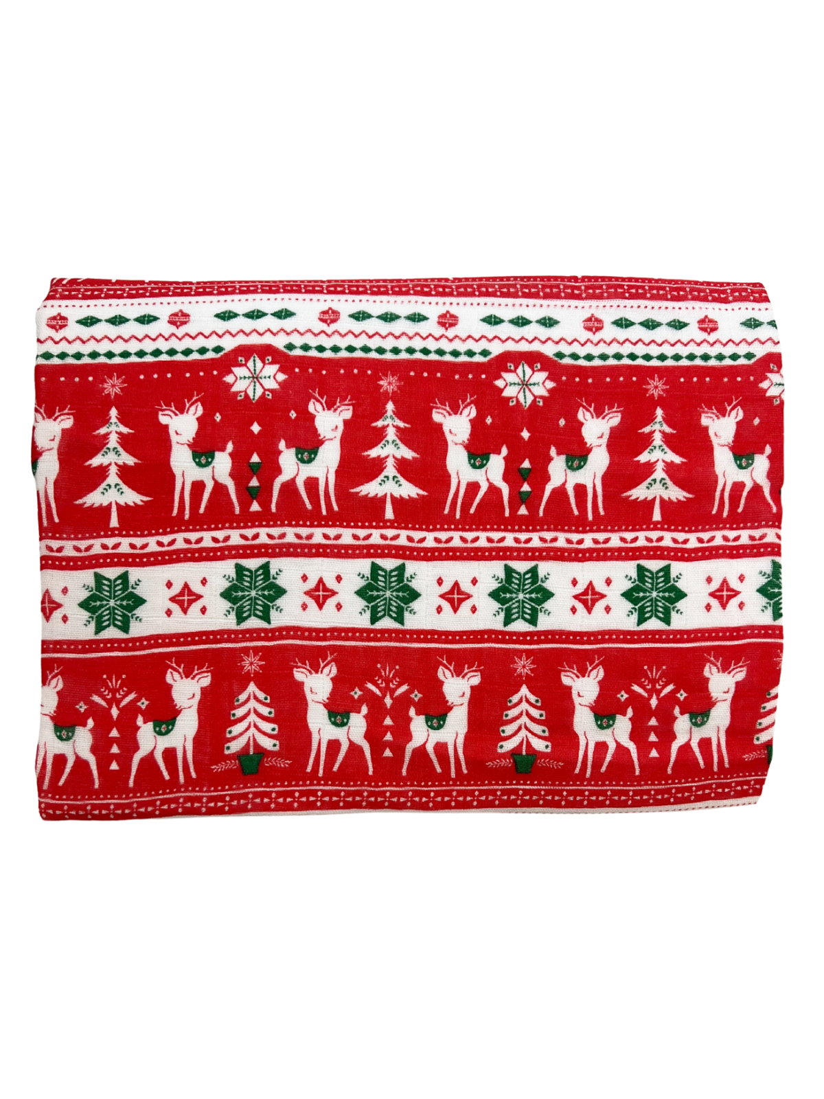 Red holiday fabric with white reindeer, green trees, and snowflakes in a festive pattern.