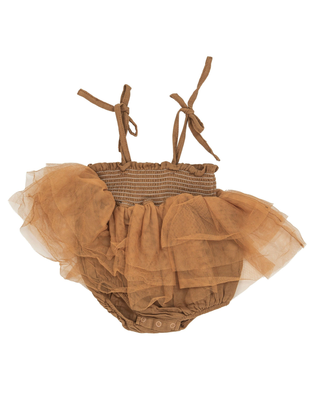 Brown ruffled baby romper with straps and a gathered bodice, featuring a soft tulle overlay.