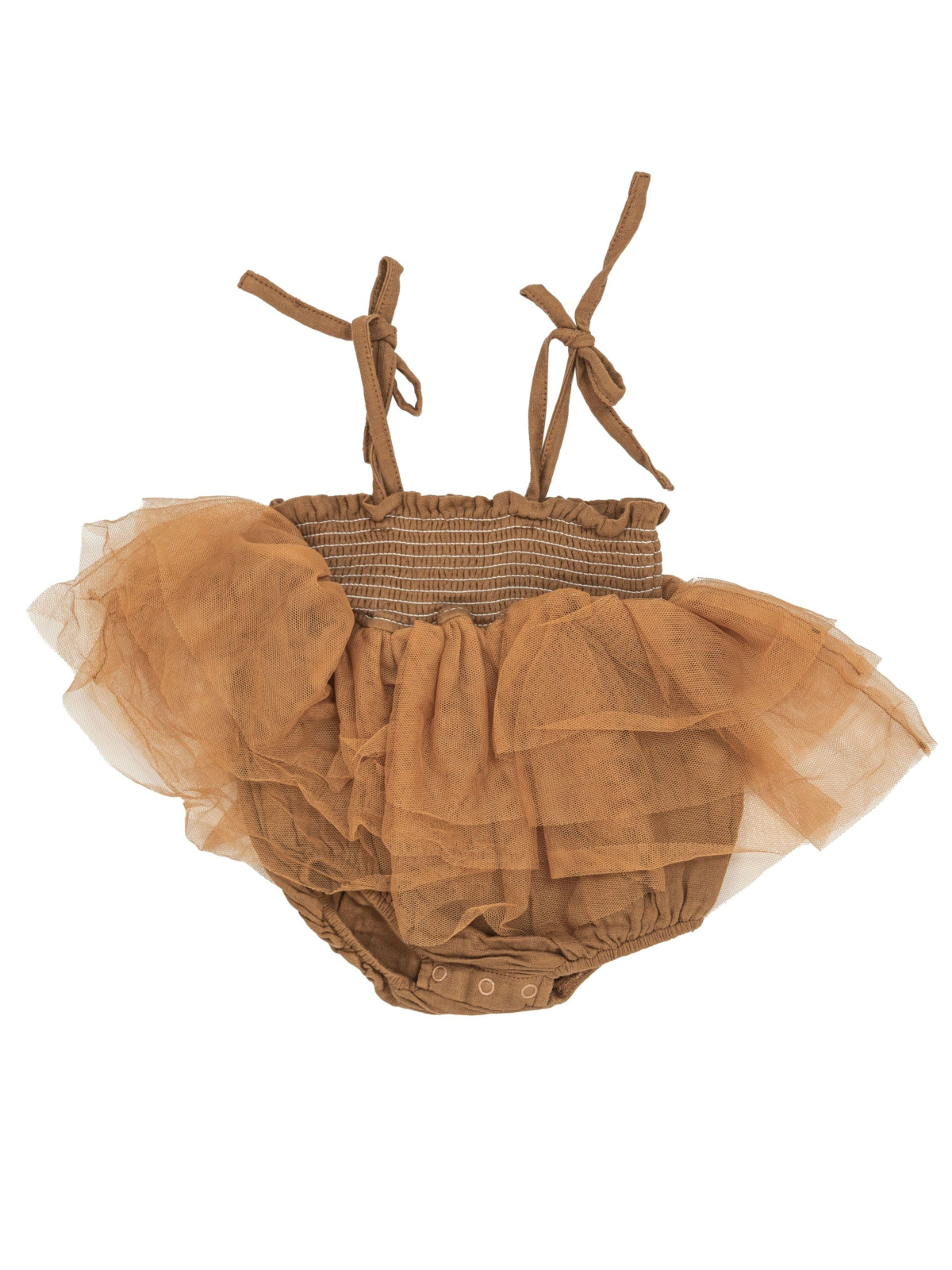 Brown ruffled baby romper with straps and a gathered bodice, featuring a soft tulle overlay.