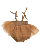 Brown ruffled baby romper with straps and a gathered bodice, featuring a soft tulle overlay.