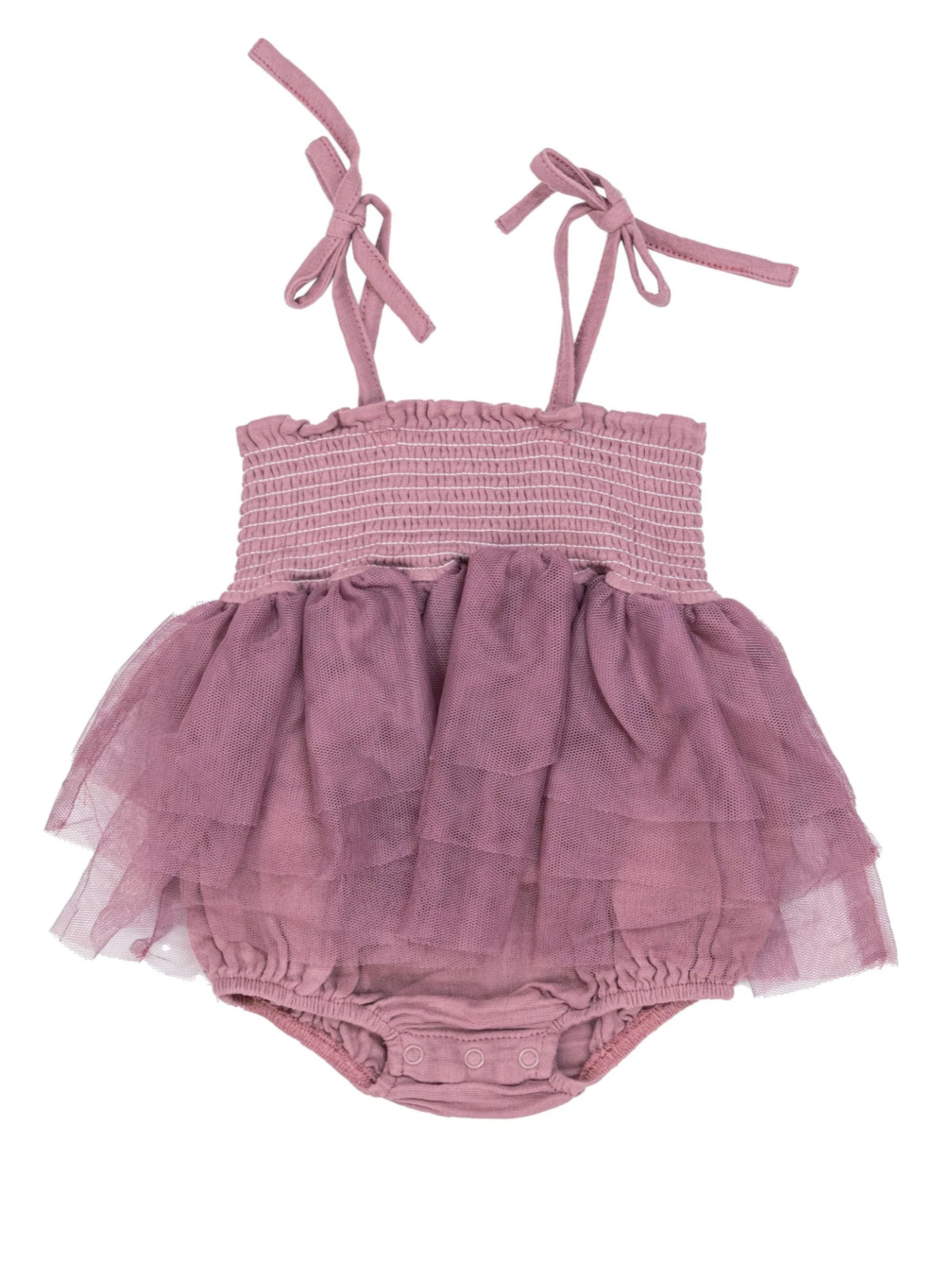 Lilac infant romper with smocked bodice and sheer layered skirt, featuring adjustable straps and snap closure.