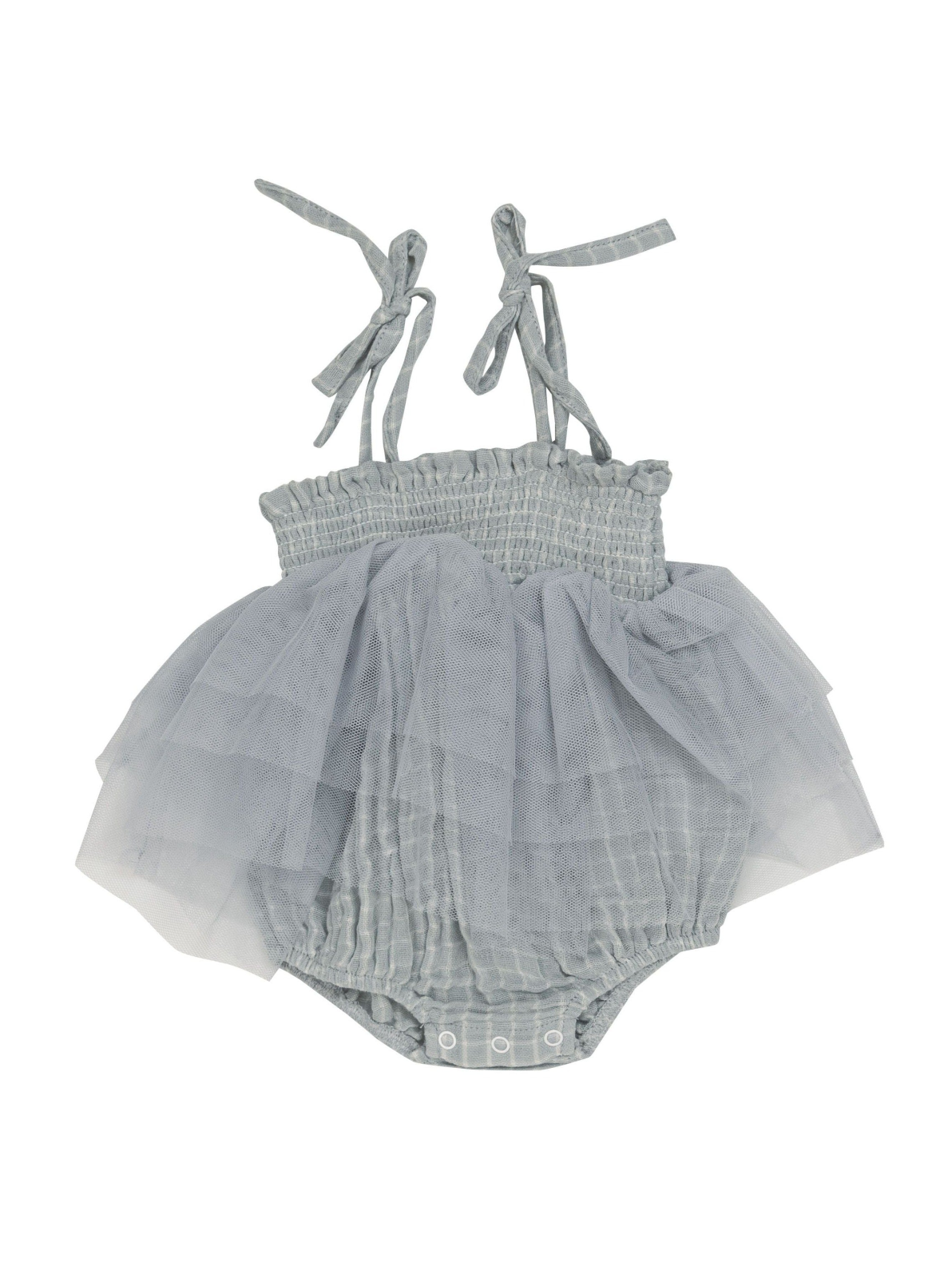 Light gray baby romper with tiered tulle skirt and adjustable shoulder ties. Soft and stylish for infants.