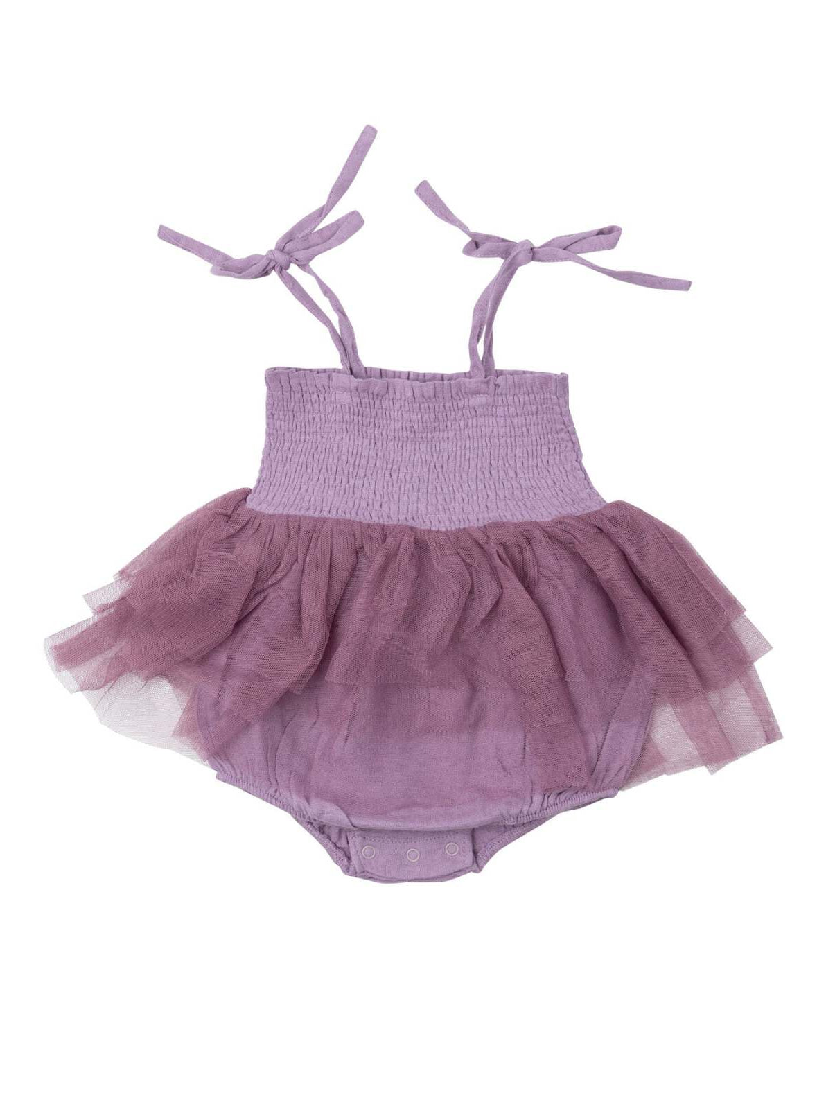 Lavender baby romper with ruffled tulle skirt and adjustable shoulder ties. Ideal for special occasions.
