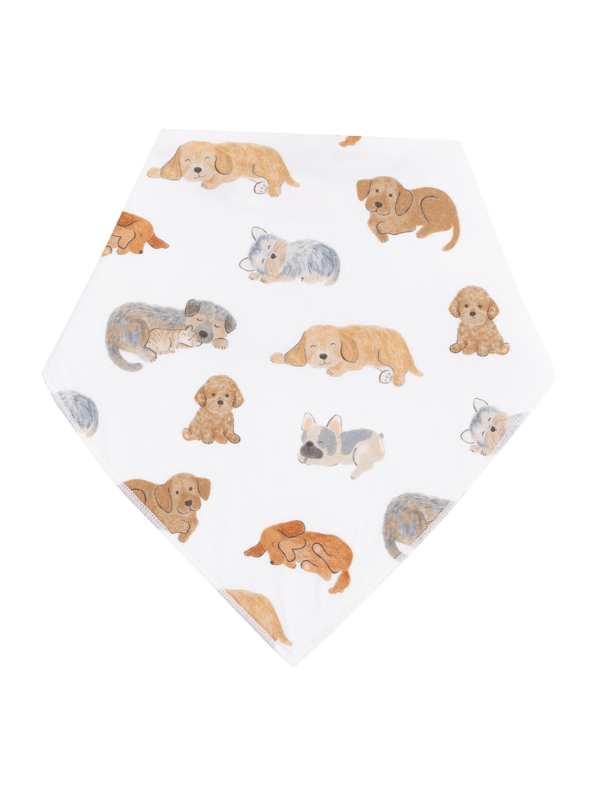 Illustration of various playful puppies on a white hexagonal cloth bandana.