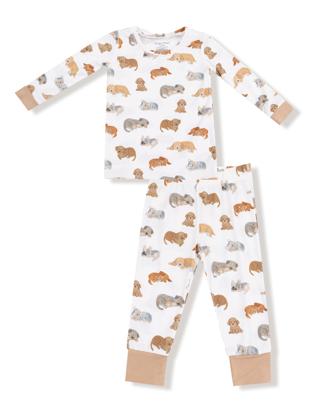 Children's pajamas featuring playful dog illustrations on a white background with coordinating tan cuffs.